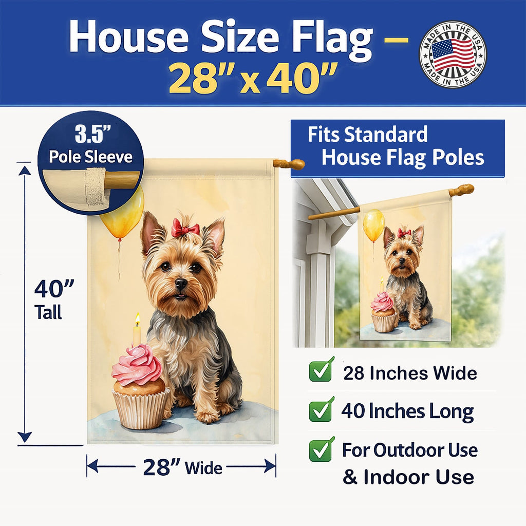 Yorkshire Terrier Happy Birthday House Flag 28x40 Porch Sleeve Pole Decorative Outside Yard Banner Artwork Wall Hanging, Polyester