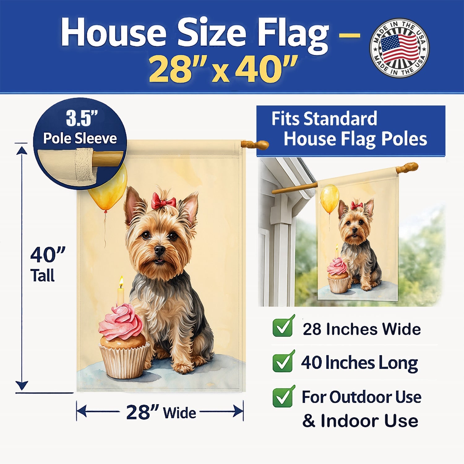 Yorkshire Terrier Happy Birthday House Flag 28x40 Porch Sleeve Pole Decorative Outside Yard Banner Artwork Wall Hanging, Polyester