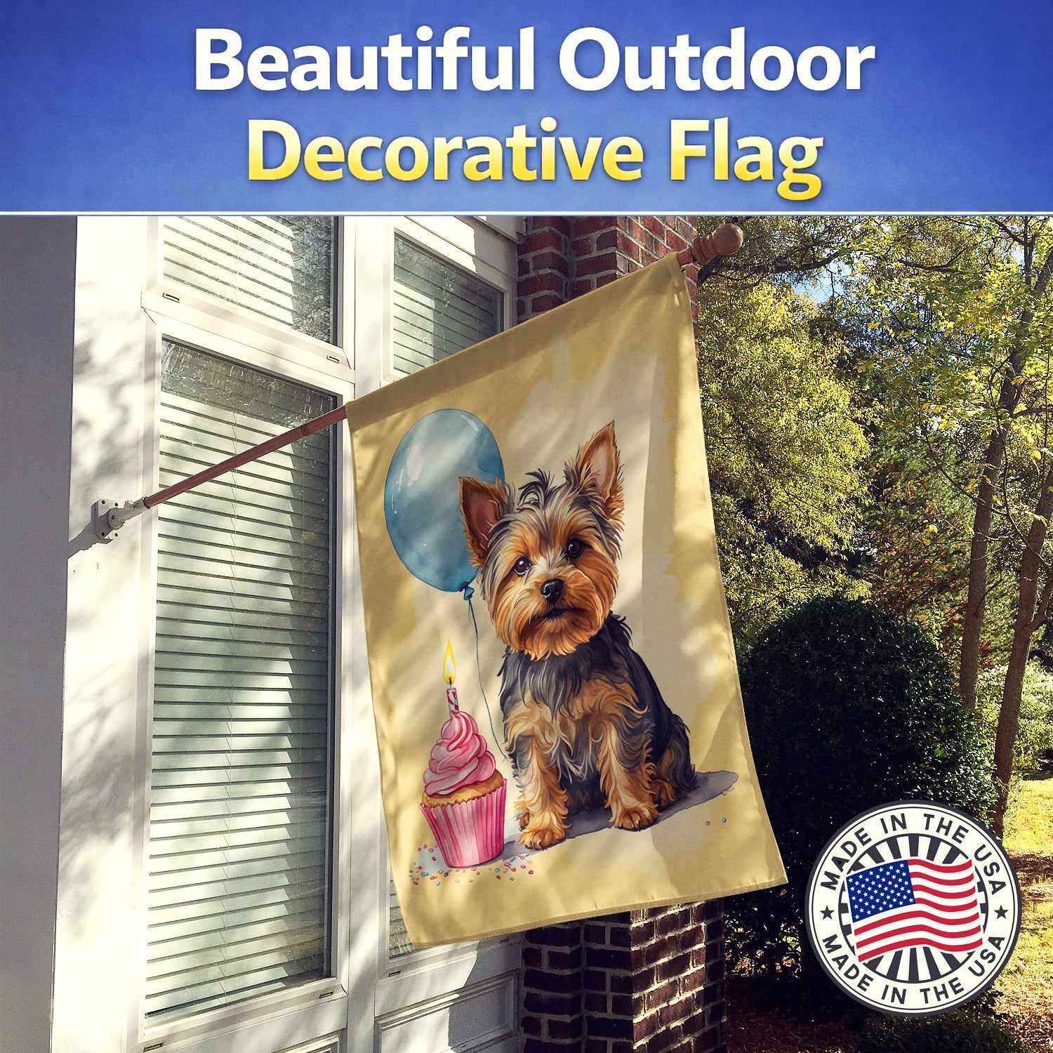 Yorkshire Terrier Happy Birthday House Flag 28x40 Porch Sleeve Pole Decorative Outside Yard Banner Artwork Wall Hanging, Polyester