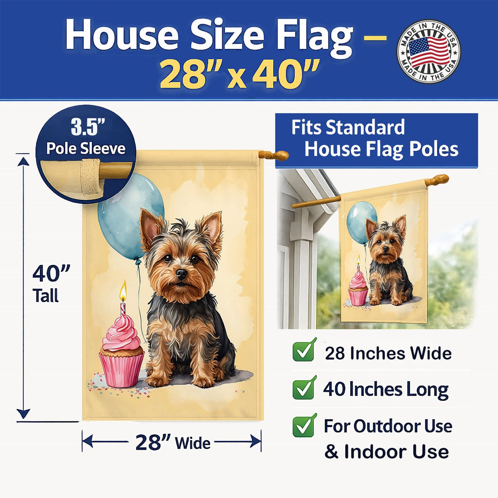 Yorkshire Terrier Happy Birthday House Flag 28x40 Porch Sleeve Pole Decorative Outside Yard Banner Artwork Wall Hanging, Polyester
