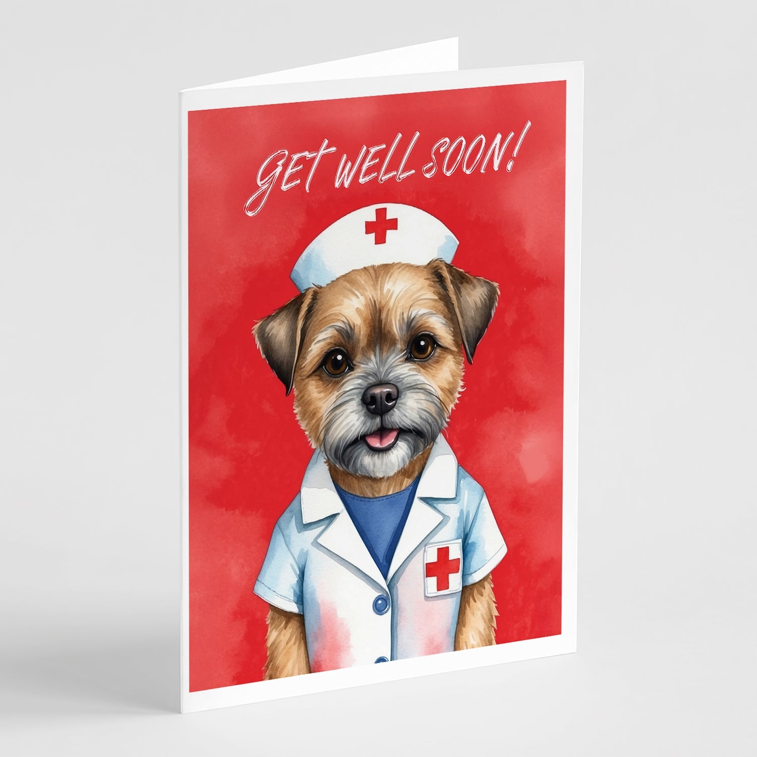 Border Terrier Get Well Soon Greeting Cards Pack of 8 Blank Cards with Envelopes Whimsical A7 Size 5x7