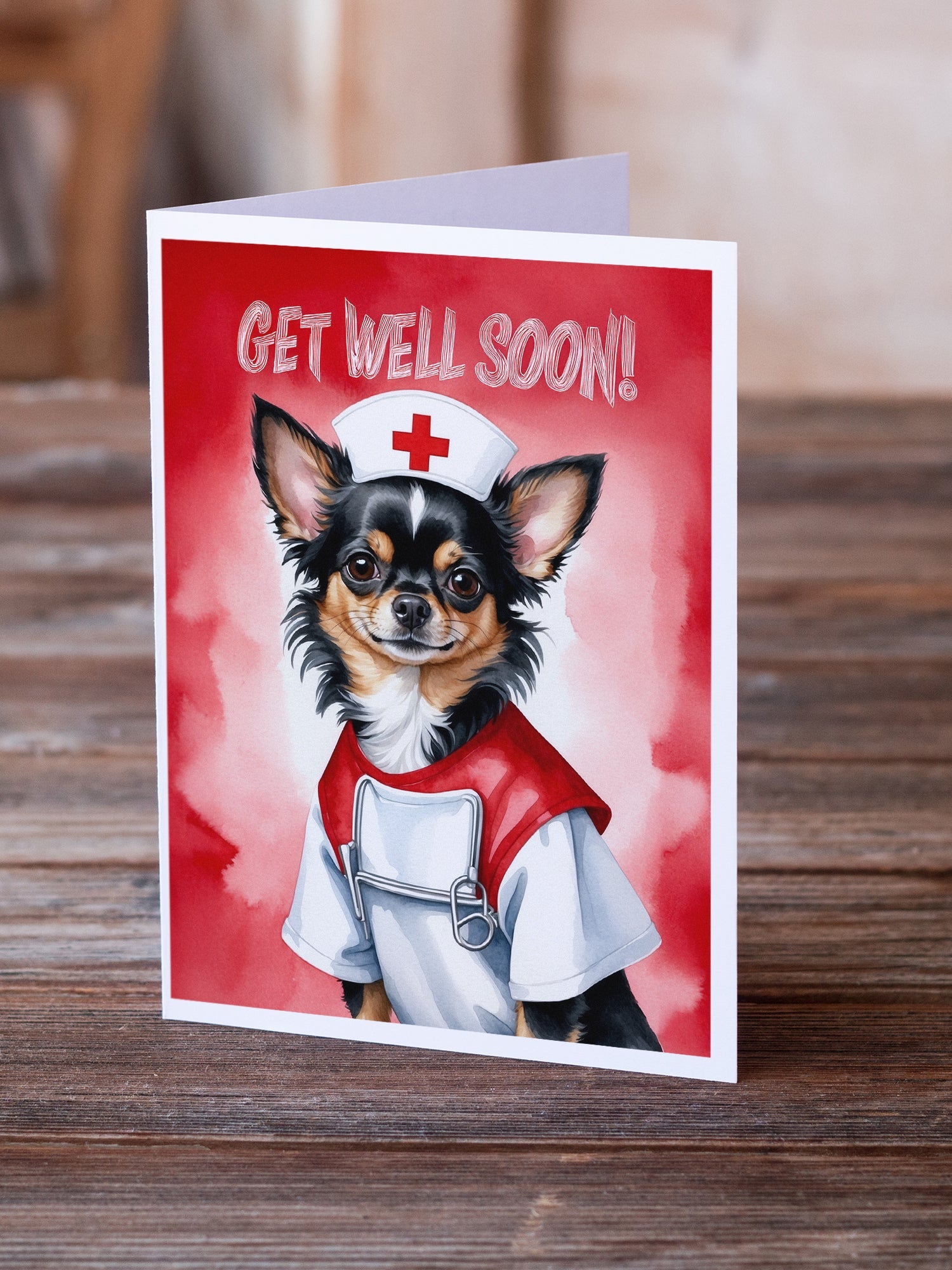Black and Tan Longhair Chihuahua Get Well Soon Greeting Cards Pack of 8 Blank Cards with Envelopes Whimsical A7 Size 5x7