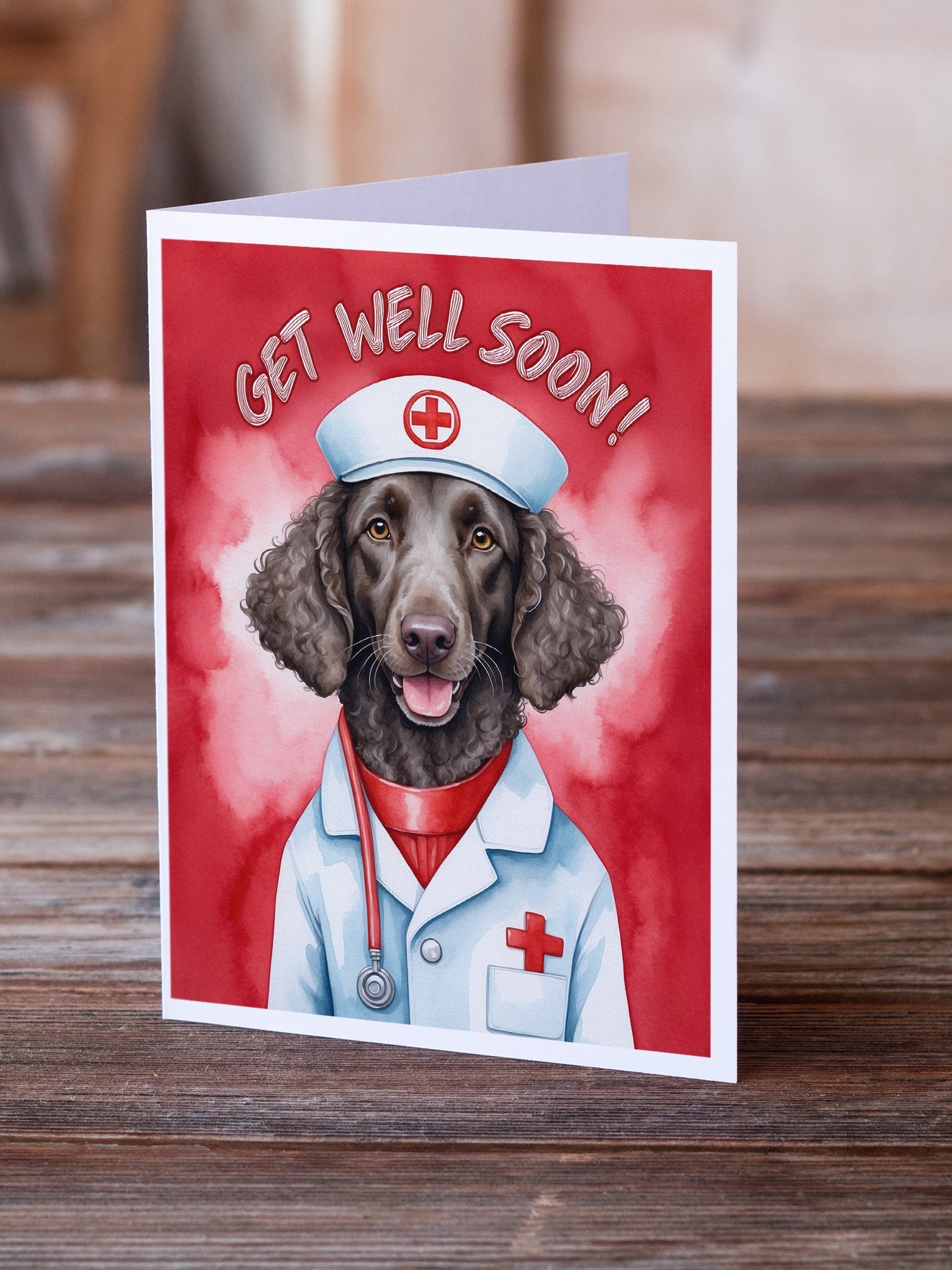 Curly Coated Retriever Get Well Soon Greeting Cards Pack of 8 Blank Cards with Envelopes Whimsical A7 Size 5x7