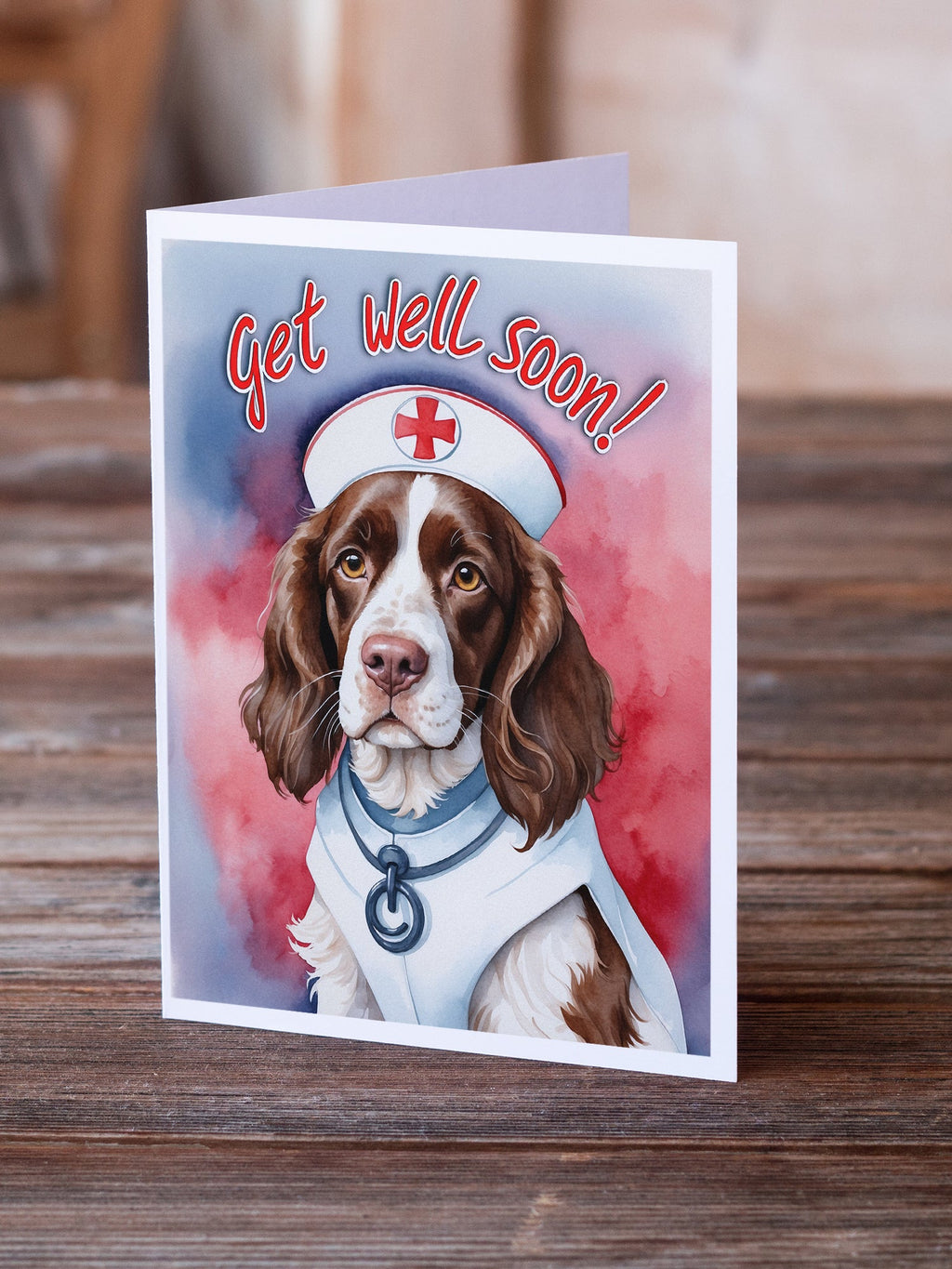 English Springer Spaniel Get Well Soon Greeting Cards Pack of 8 Blank Cards with Envelopes Whimsical A7 Size 5x7