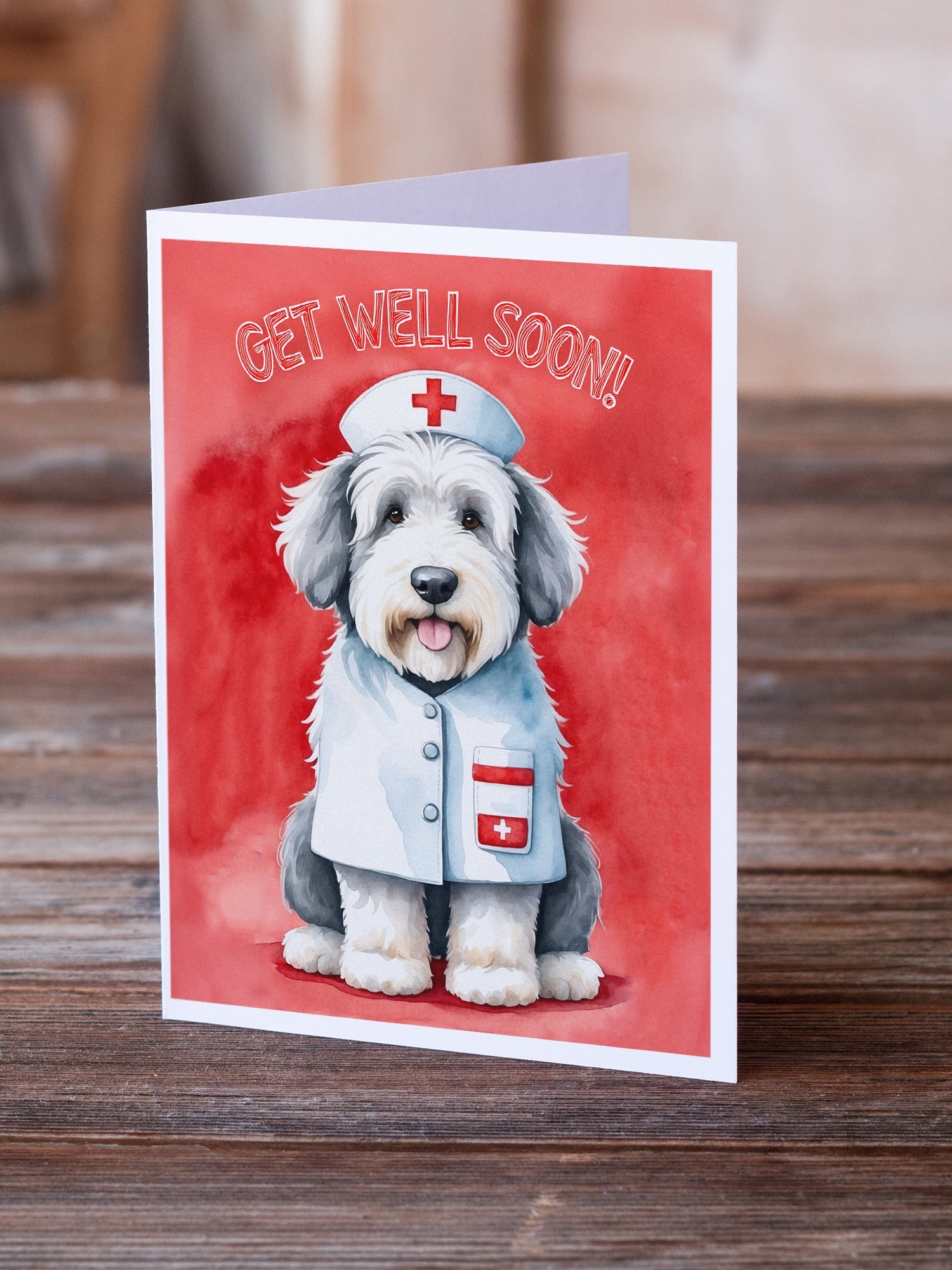 Old English Sheepdog Get Well Soon Greeting Cards Pack of 8 Blank Cards with Envelopes Whimsical A7 Size 5x7