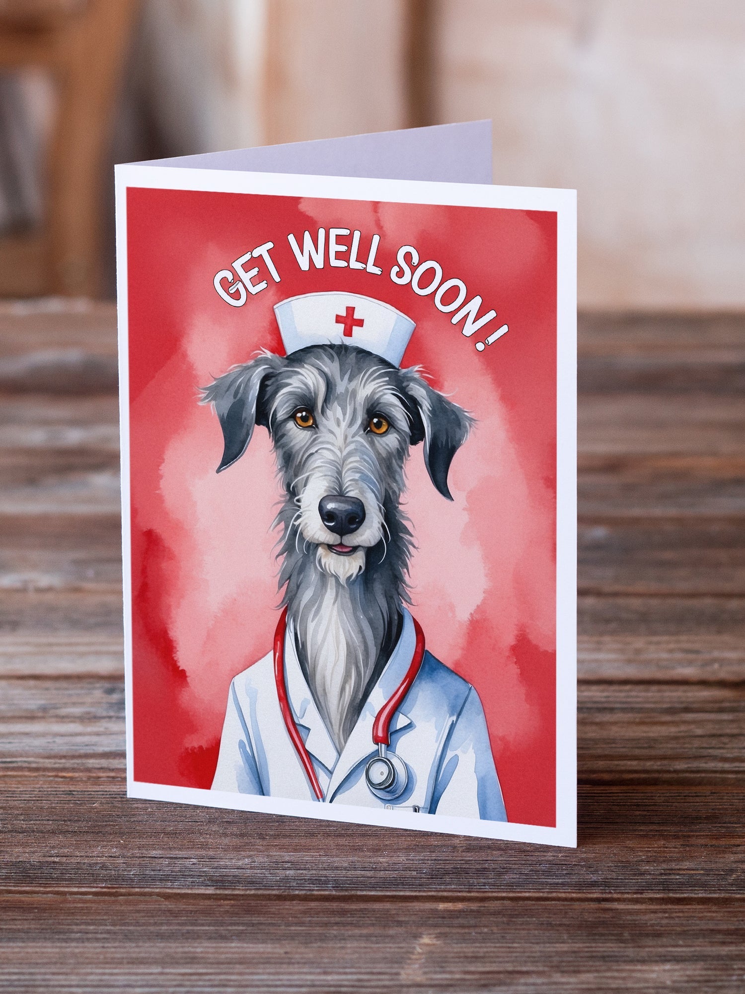 Scottish Deerhound Get Well Soon Greeting Cards Pack of 8 Blank Cards with Envelopes Whimsical A7 Size 5x7