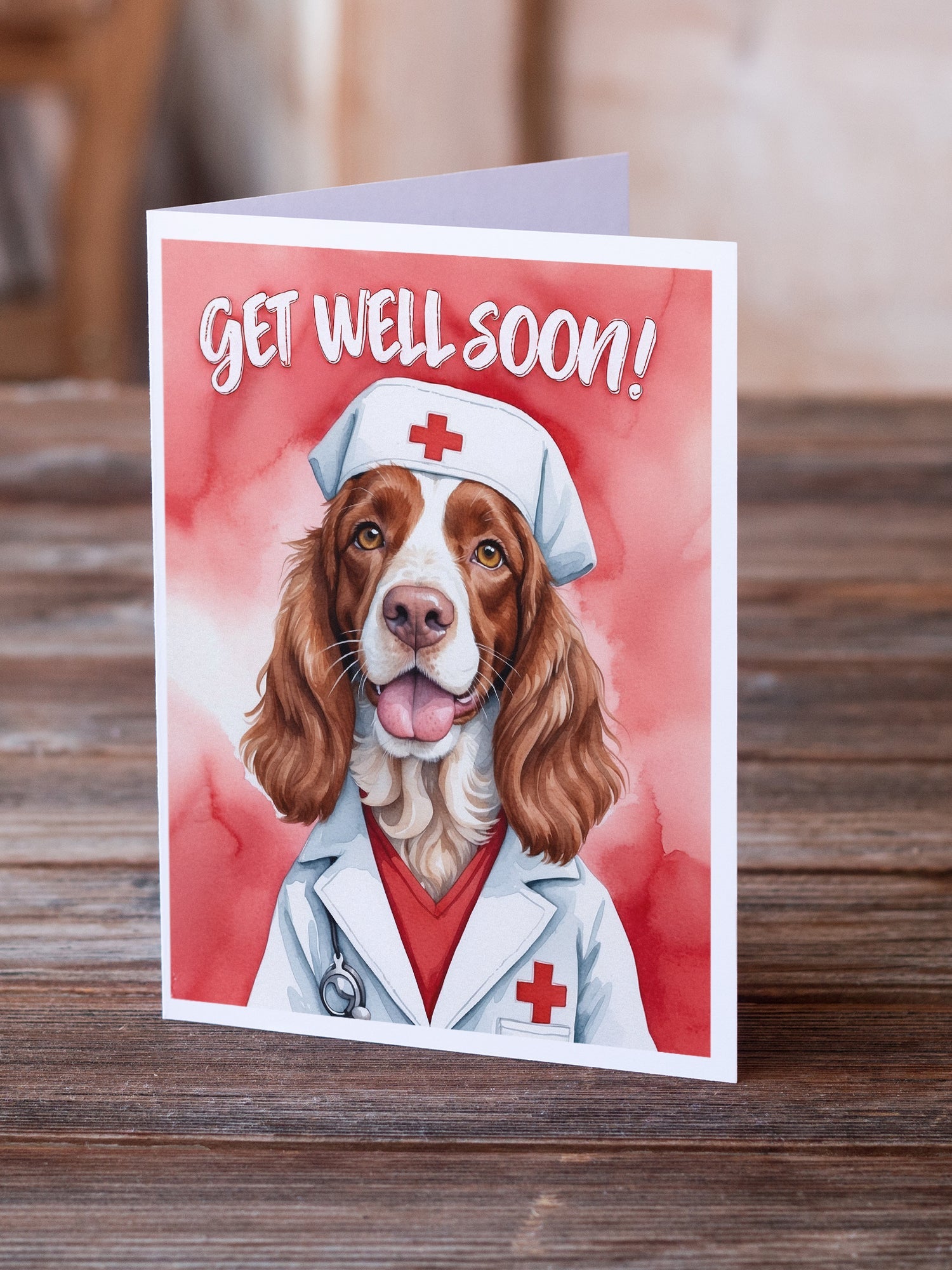 Welsh Springer Spaniel Get Well Soon Greeting Cards Pack of 8 Blank Cards with Envelopes Whimsical A7 Size 5x7