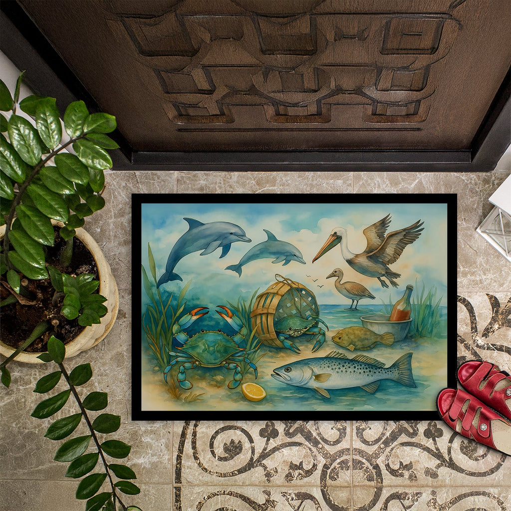 Along the coast - Crab Pelican Dolphins Doormat Indoor Outdoor 24H X 36W Front Door Mat Rugs for Entryway, Non Slip Washable Low Pile,