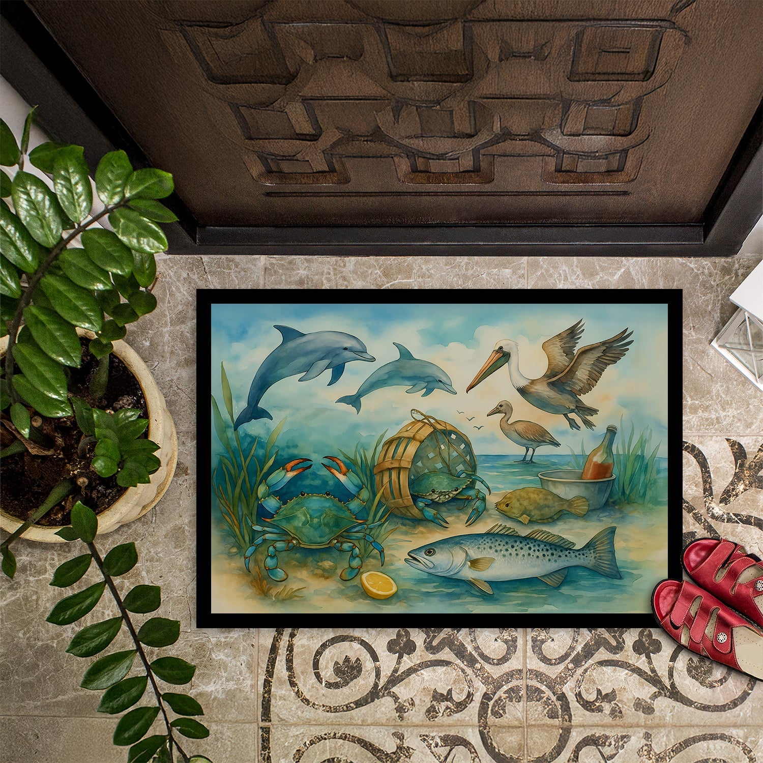 Along the coast - Crab Pelican Dolphins Doormat Indoor Outdoor 24H X 36W Front Door Mat Rugs for Entryway, Non Slip Washable Low Pile,