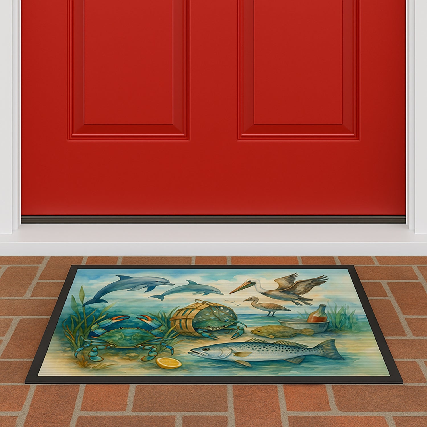 Along the coast - Crab Pelican Dolphins Doormat Indoor Outdoor 24H X 36W Front Door Mat Rugs for Entryway, Non Slip Washable Low Pile,