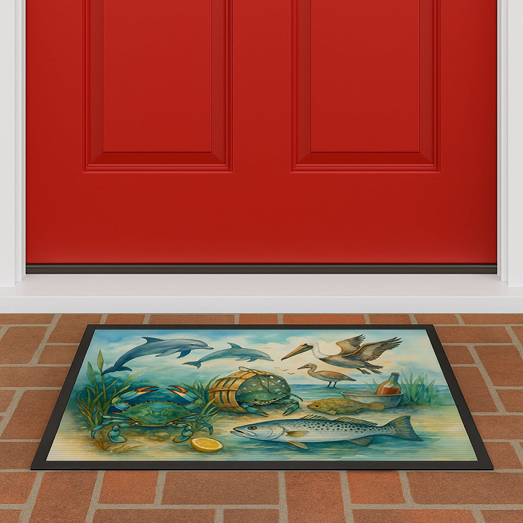 Along the coast - Crab Pelican Dolphins Doormat Indoor Outdoor 18H X 27W Front Door Mat Rugs for Entryway, Non Slip Washable