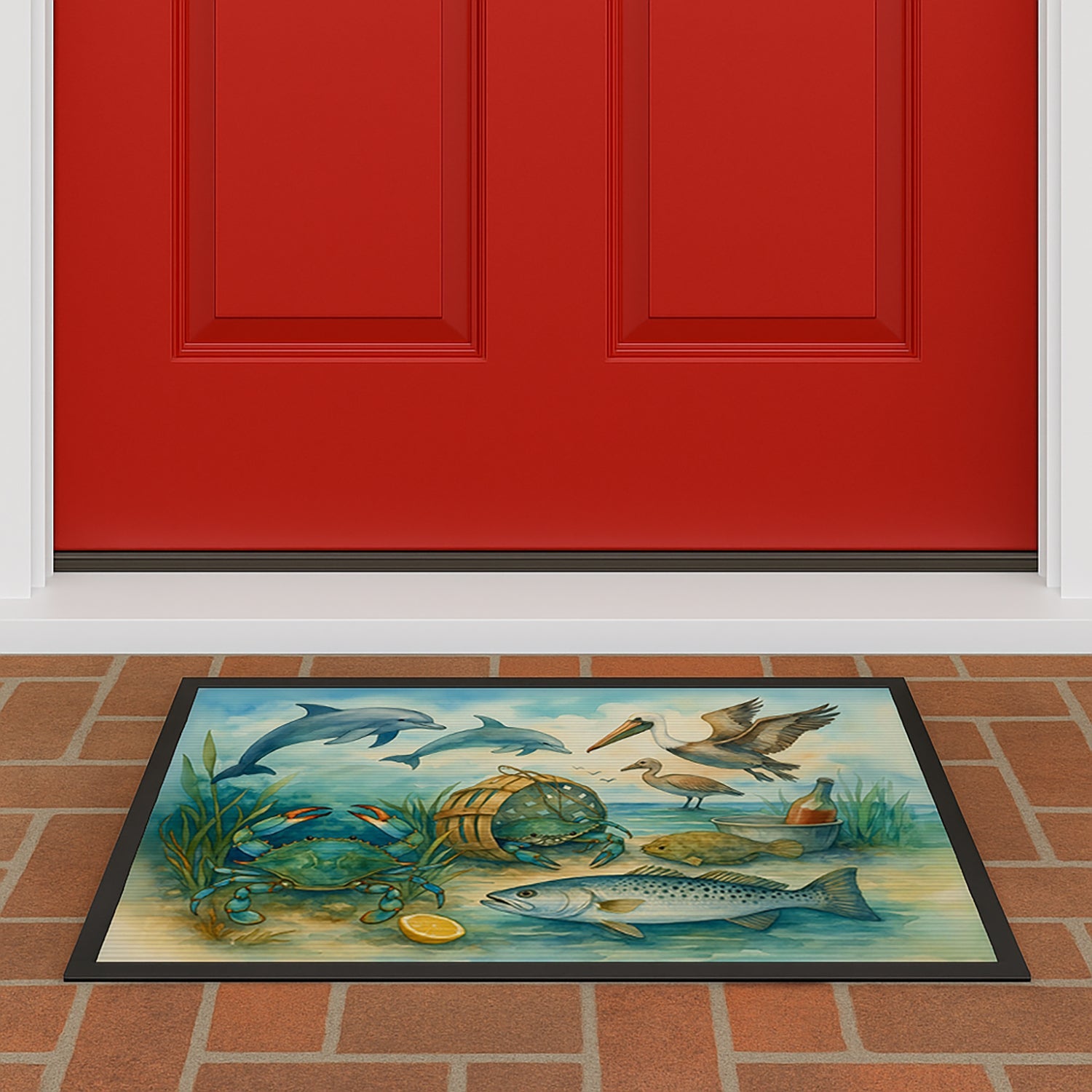 Along the coast - Crab Pelican Dolphins Doormat Indoor Outdoor 18H X 27W Front Door Mat Rugs for Entryway, Non Slip Washable