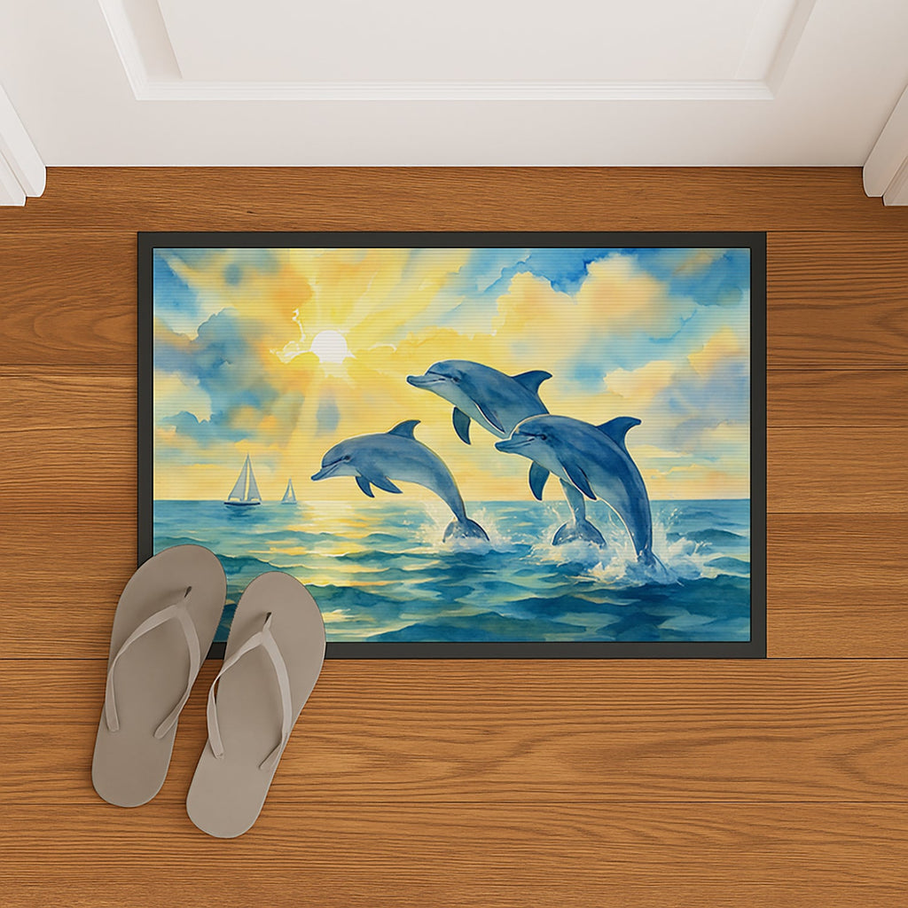 Dolphins Jumping in the Bay Doormat Indoor Outdoor 24H X 36W Front Door Mat Rugs for Entryway, Non Slip Washable Low Pile,