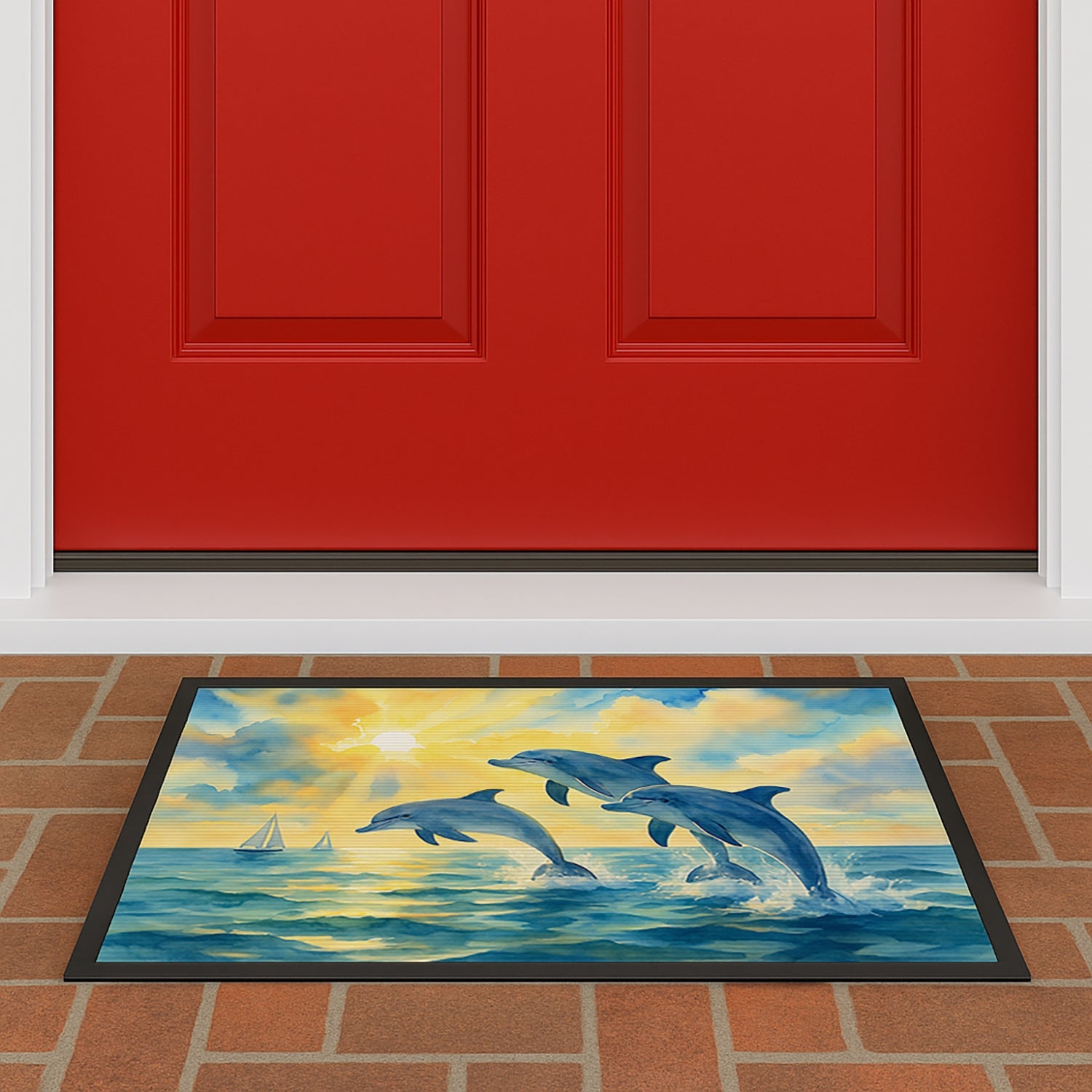 Dolphins Jumping in the Bay Doormat Indoor Outdoor 24H X 36W Front Door Mat Rugs for Entryway, Non Slip Washable Low Pile,