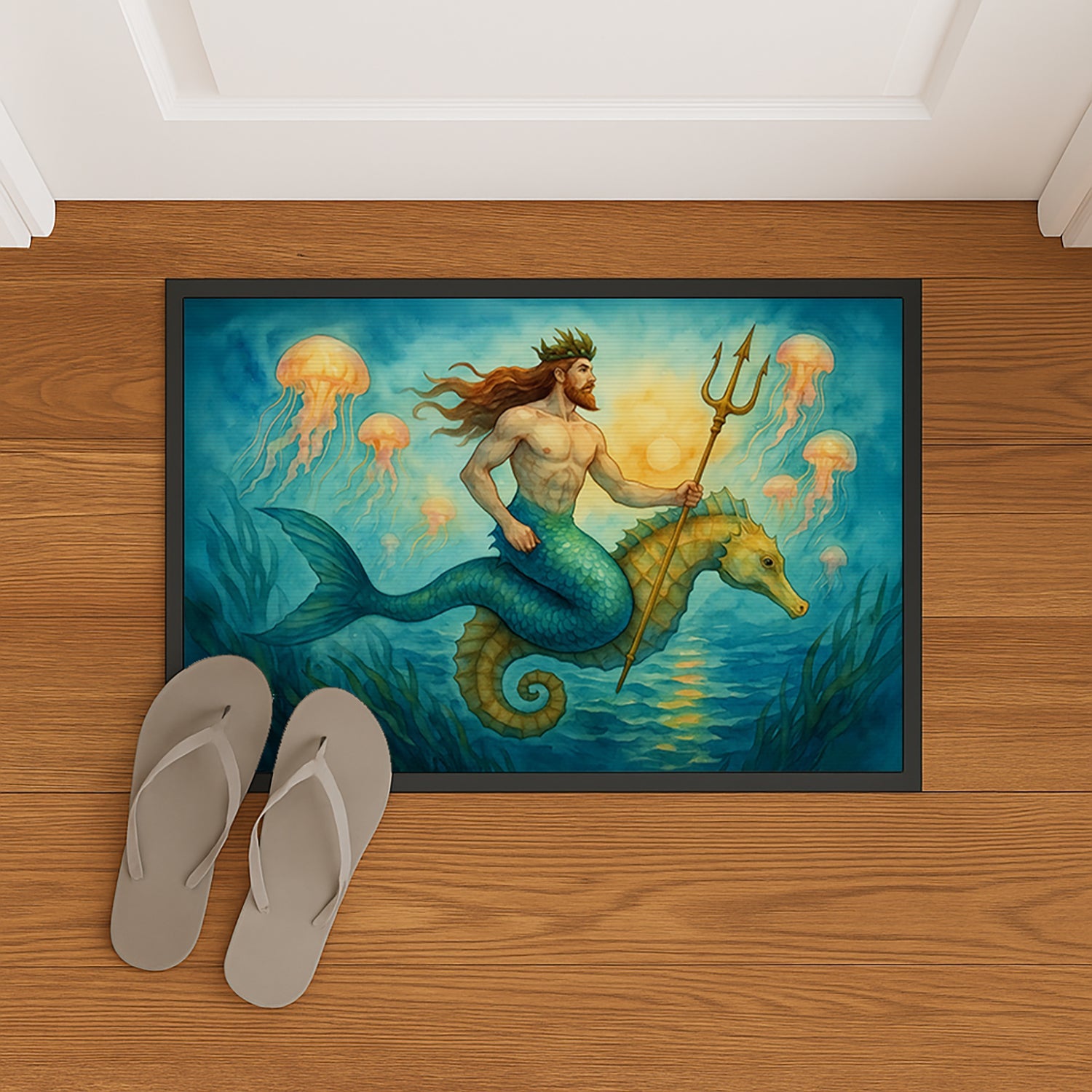 Neptune Sea God Seahorse Ocean Fantasy Merman Art Doormat Indoor Outdoor 24H X 36W Front Door Mat Rugs for Entryway, Non Slip Washable Low Pile,