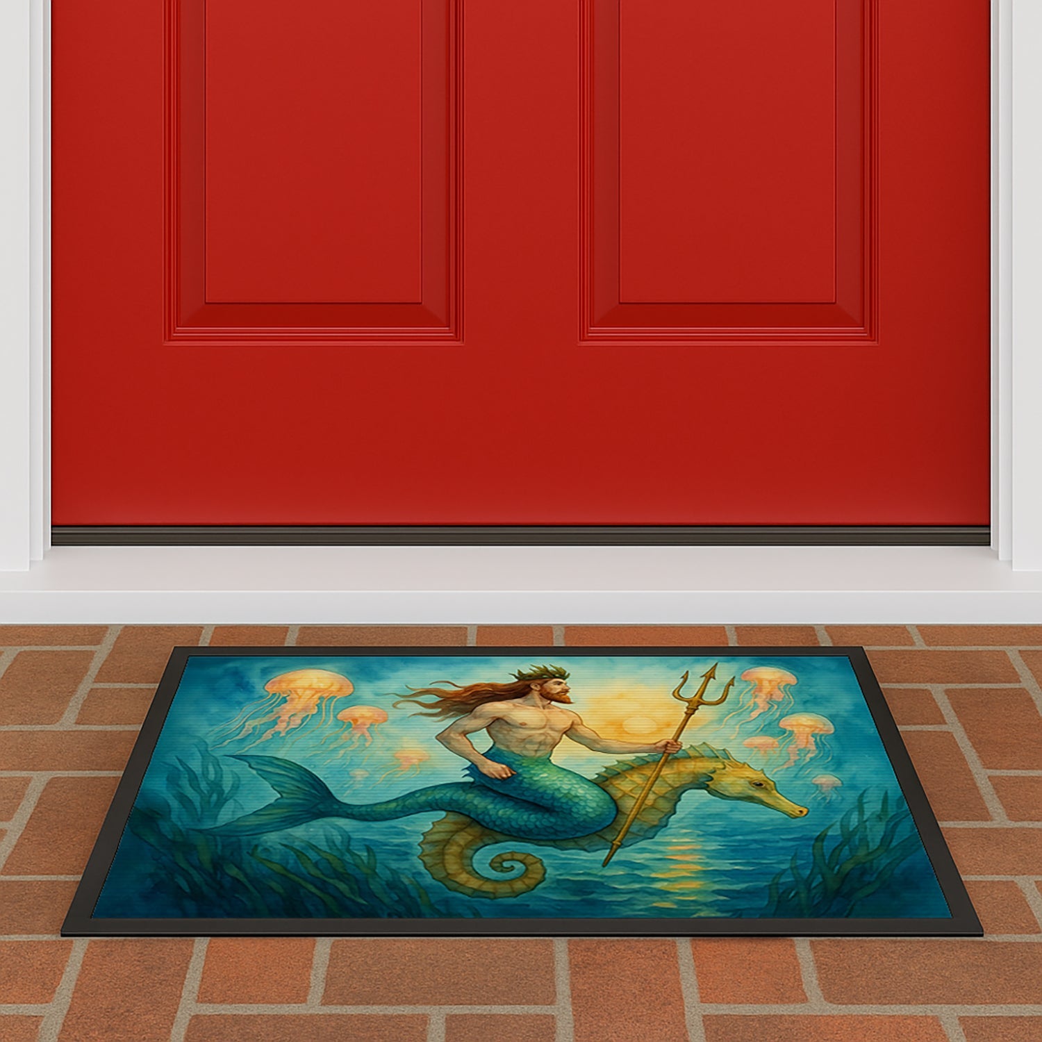 Neptune Sea God Seahorse Ocean Fantasy Merman Art Doormat Indoor Outdoor 24H X 36W Front Door Mat Rugs for Entryway, Non Slip Washable Low Pile,