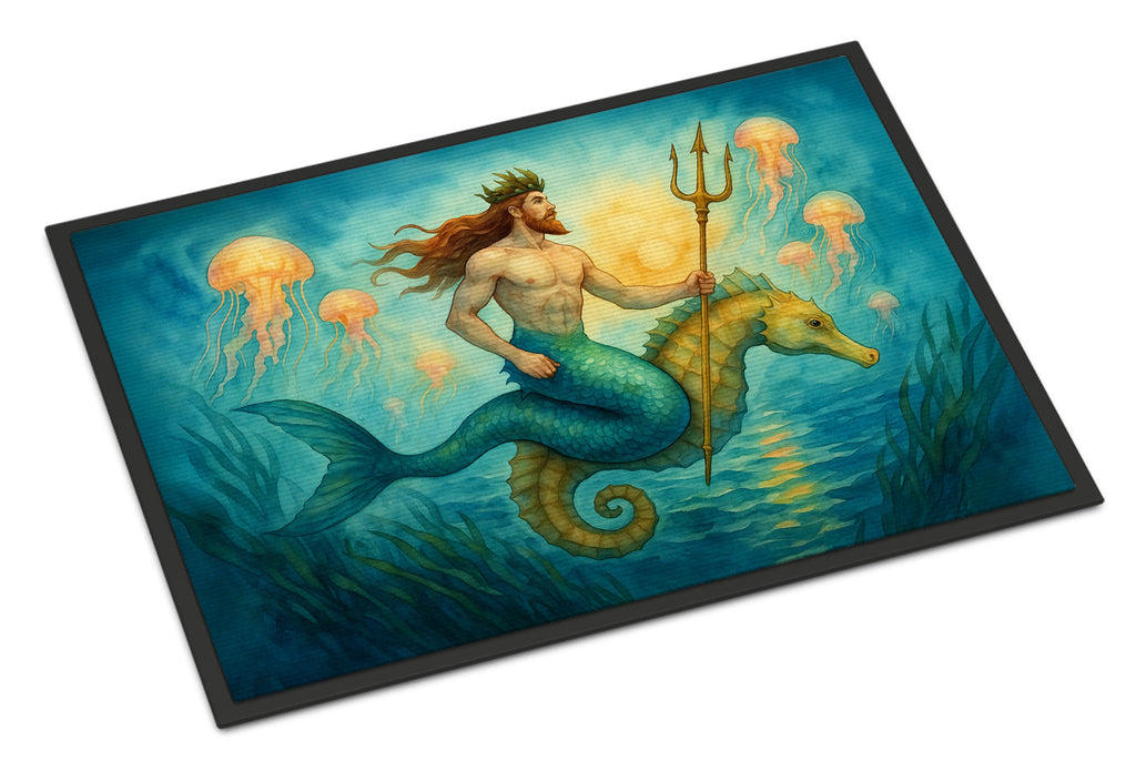 Neptune Sea God Seahorse Ocean Fantasy Merman Art Doormat Indoor Outdoor 18H X 27W Front Door Mat Rugs for Entryway, Non Slip Washable