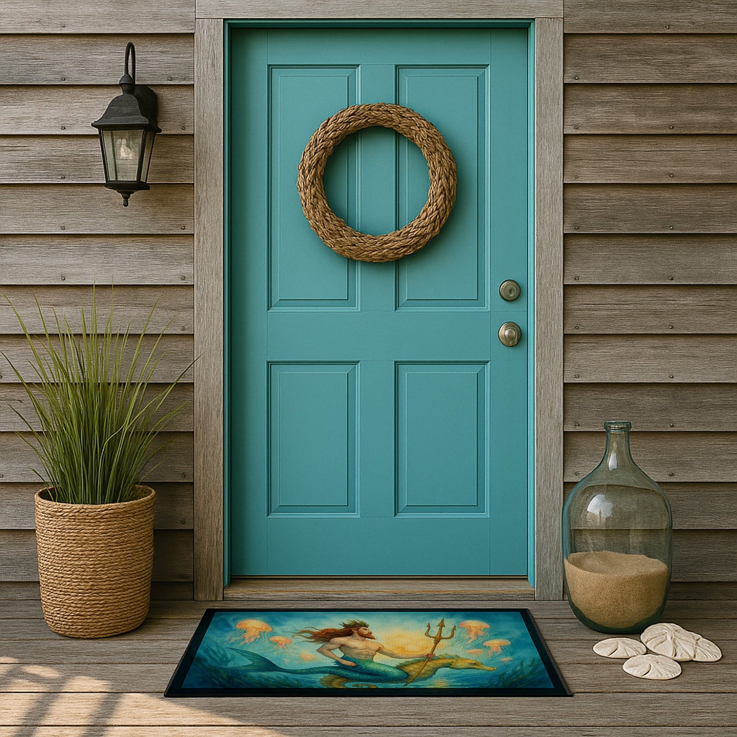Neptune Sea God Seahorse Ocean Fantasy Merman Art Doormat Indoor Outdoor 18H X 27W Front Door Mat Rugs for Entryway, Non Slip Washable