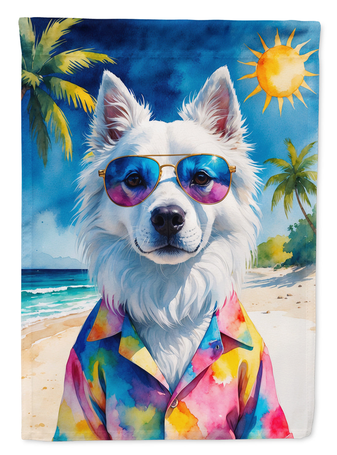American Eskimo Summer Beach Time House Flag 28x40 Porch Sleeve Pole Decorative Outside Yard Banner Artwork Wall Hanging, Polyester