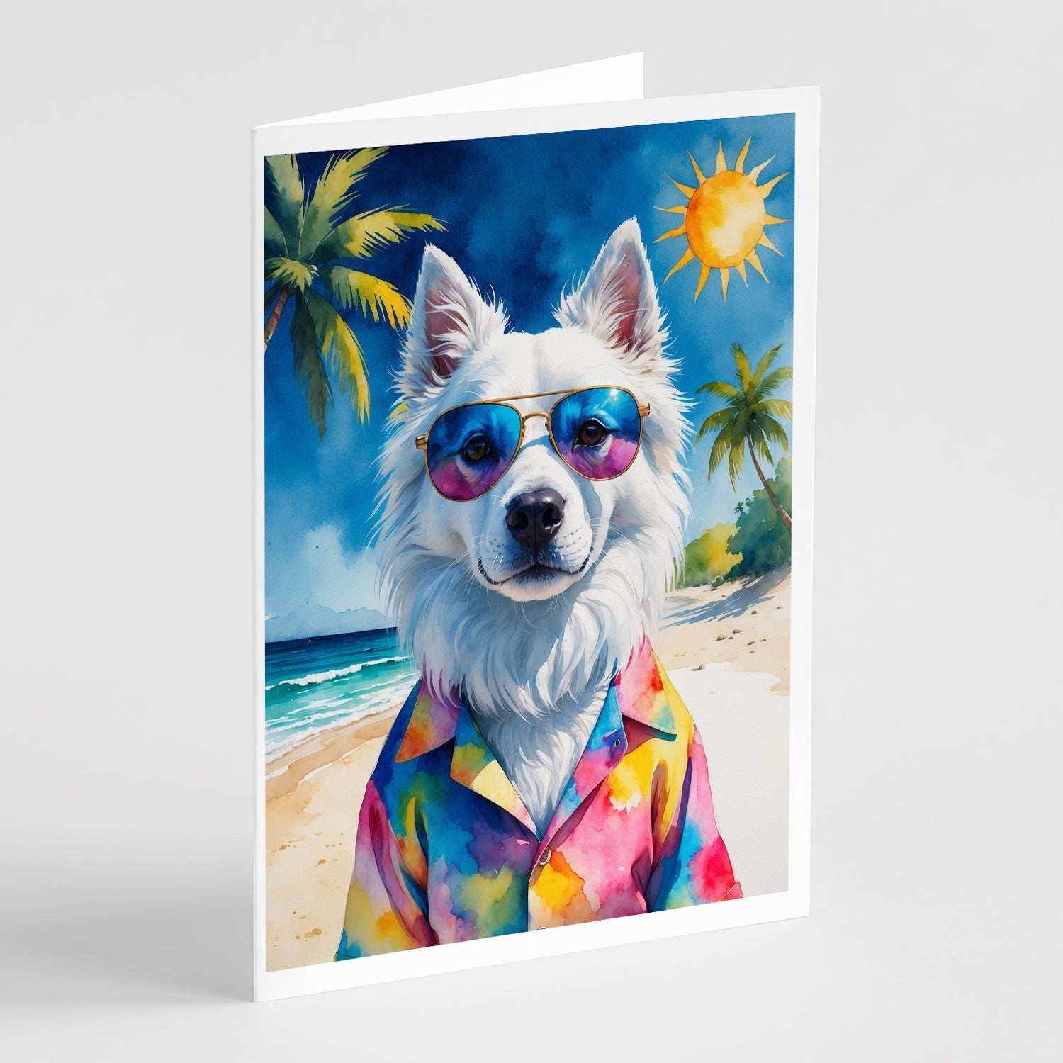 American Eskimo Summer Beach Time Greeting Cards Pack of 8 Blank Cards with Envelopes Whimsical A7 Size 5x7