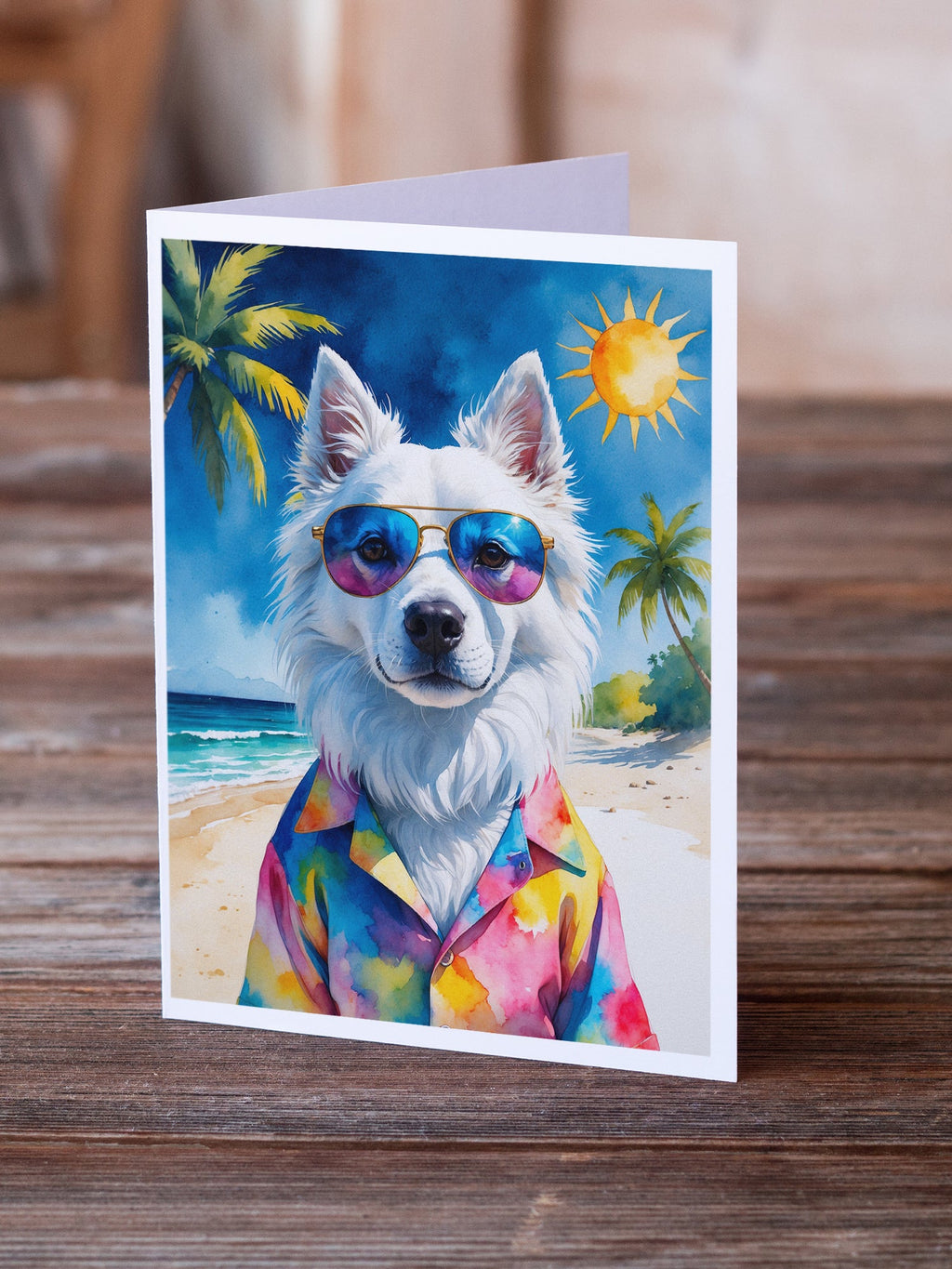 American Eskimo Summer Beach Time Greeting Cards Pack of 8 Blank Cards with Envelopes Whimsical A7 Size 5x7