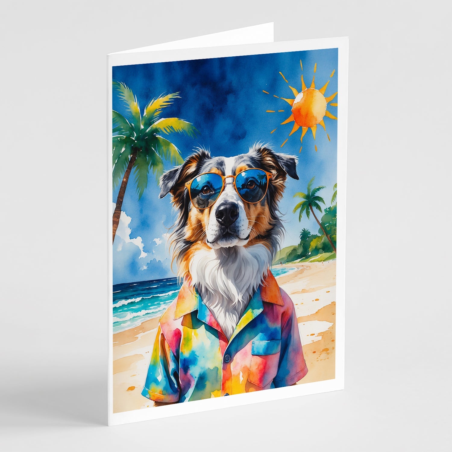 Australian Shepherd Summer Beach Time Greeting Cards Pack of 8 Blank Cards with Envelopes Whimsical A7 Size 5x7