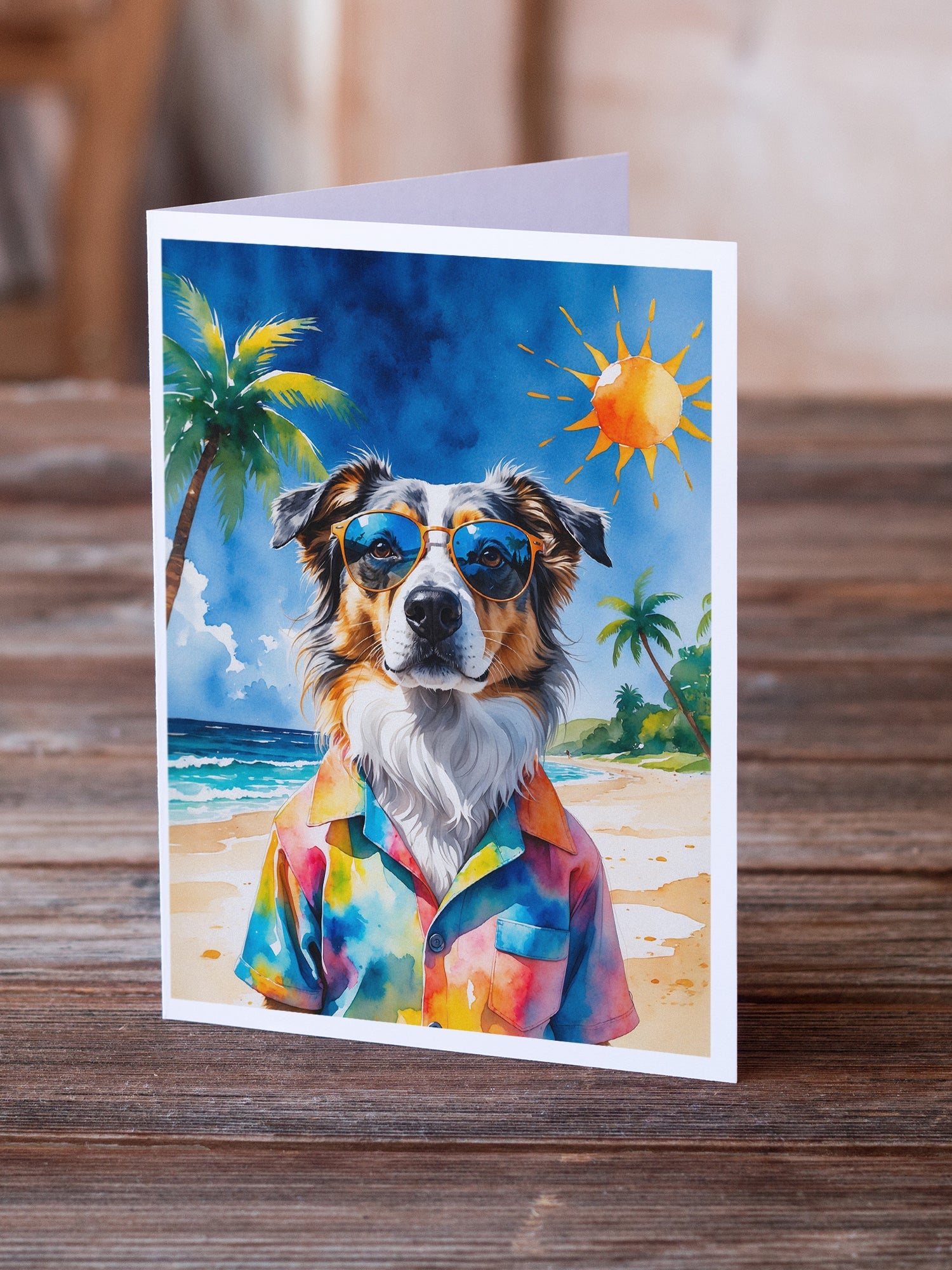 Australian Shepherd Summer Beach Time Greeting Cards Pack of 8 Blank Cards with Envelopes Whimsical A7 Size 5x7