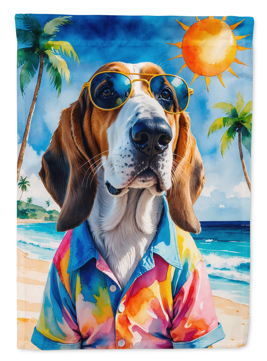 Basset Hound Summer Beach Time House Flag 28x40 Porch Sleeve Pole Decorative Outside Yard Banner Artwork Wall Hanging, Polyester