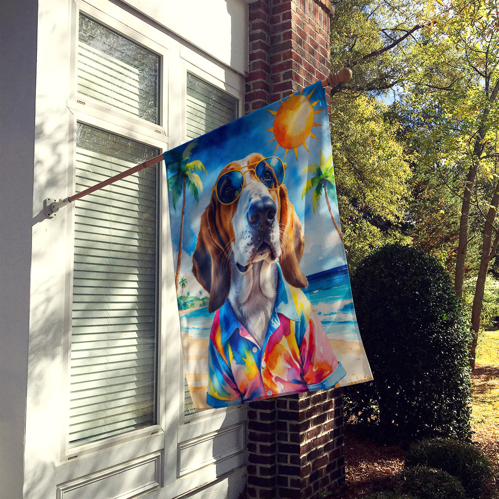 Basset Hound Summer Beach Time House Flag 28x40 Porch Sleeve Pole Decorative Outside Yard Banner Artwork Wall Hanging, Polyester
