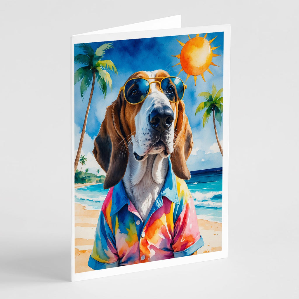 Basset Hound Summer Beach Time Greeting Cards Pack of 8 Blank Cards with Envelopes Whimsical A7 Size 5x7