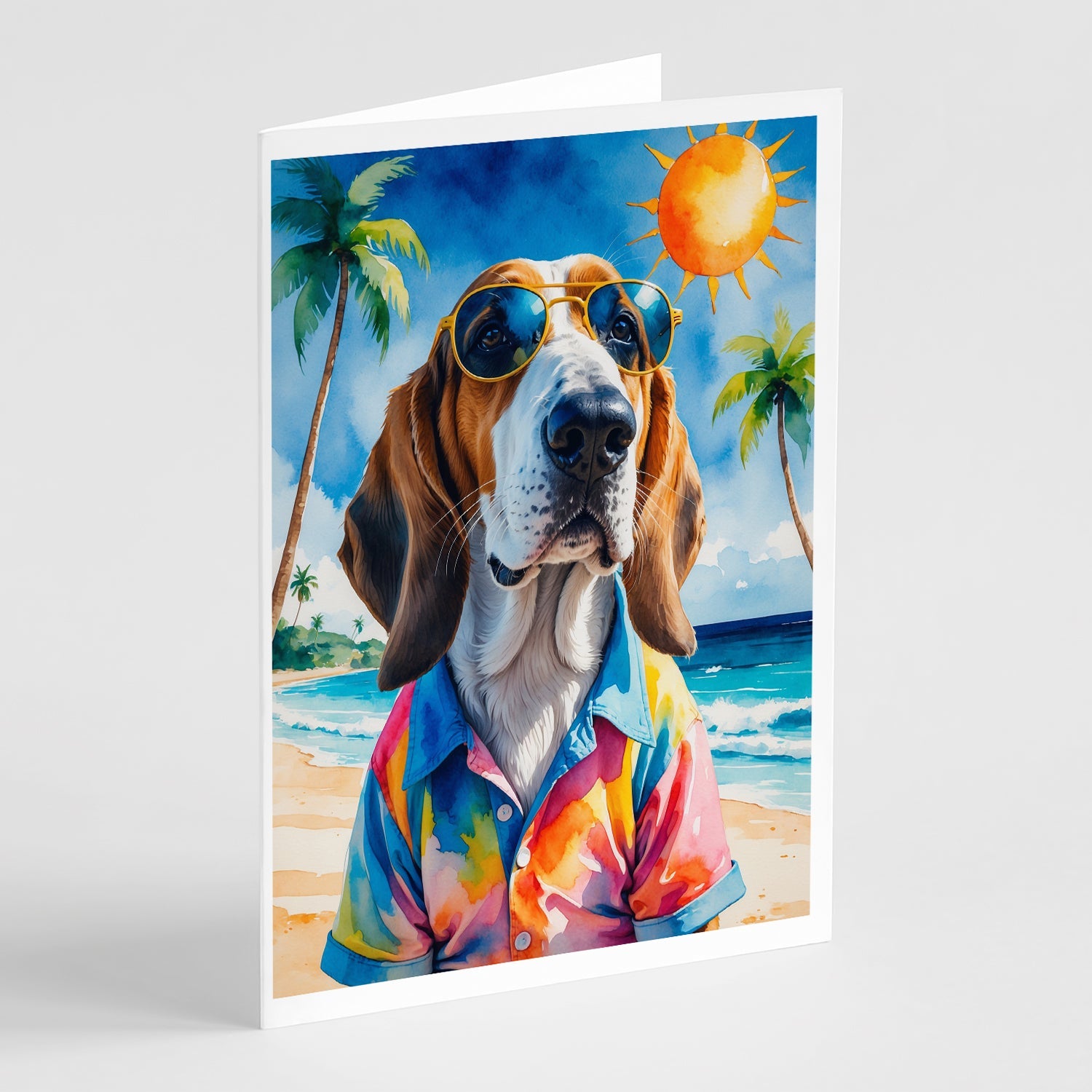Basset Hound Summer Beach Time Greeting Cards Pack of 8 Blank Cards with Envelopes Whimsical A7 Size 5x7
