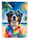 Bernese Mountain Dog Summer Beach Time House Flag 28x40 Porch Sleeve Pole Decorative Outside Yard Banner Artwork Wall Hanging, Polyester
