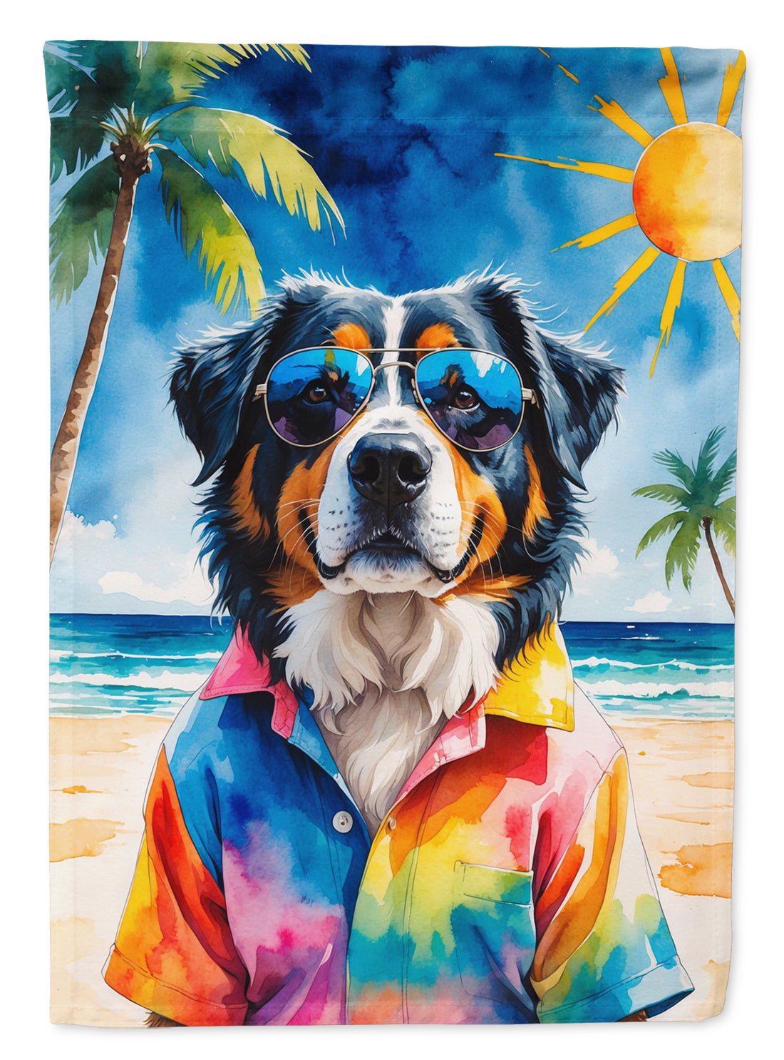 Bernese Mountain Dog Summer Beach Time House Flag 28x40 Porch Sleeve Pole Decorative Outside Yard Banner Artwork Wall Hanging, Polyester