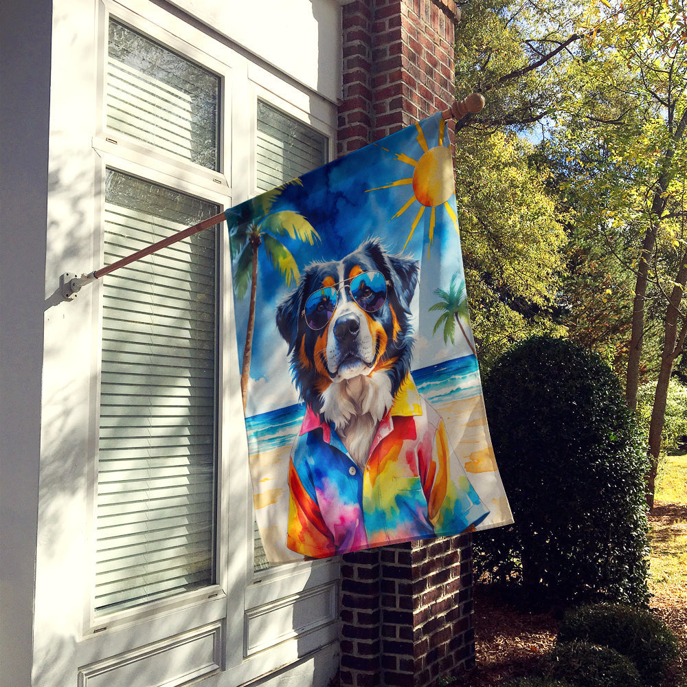 Bernese Mountain Dog Summer Beach Time House Flag 28x40 Porch Sleeve Pole Decorative Outside Yard Banner Artwork Wall Hanging, Polyester