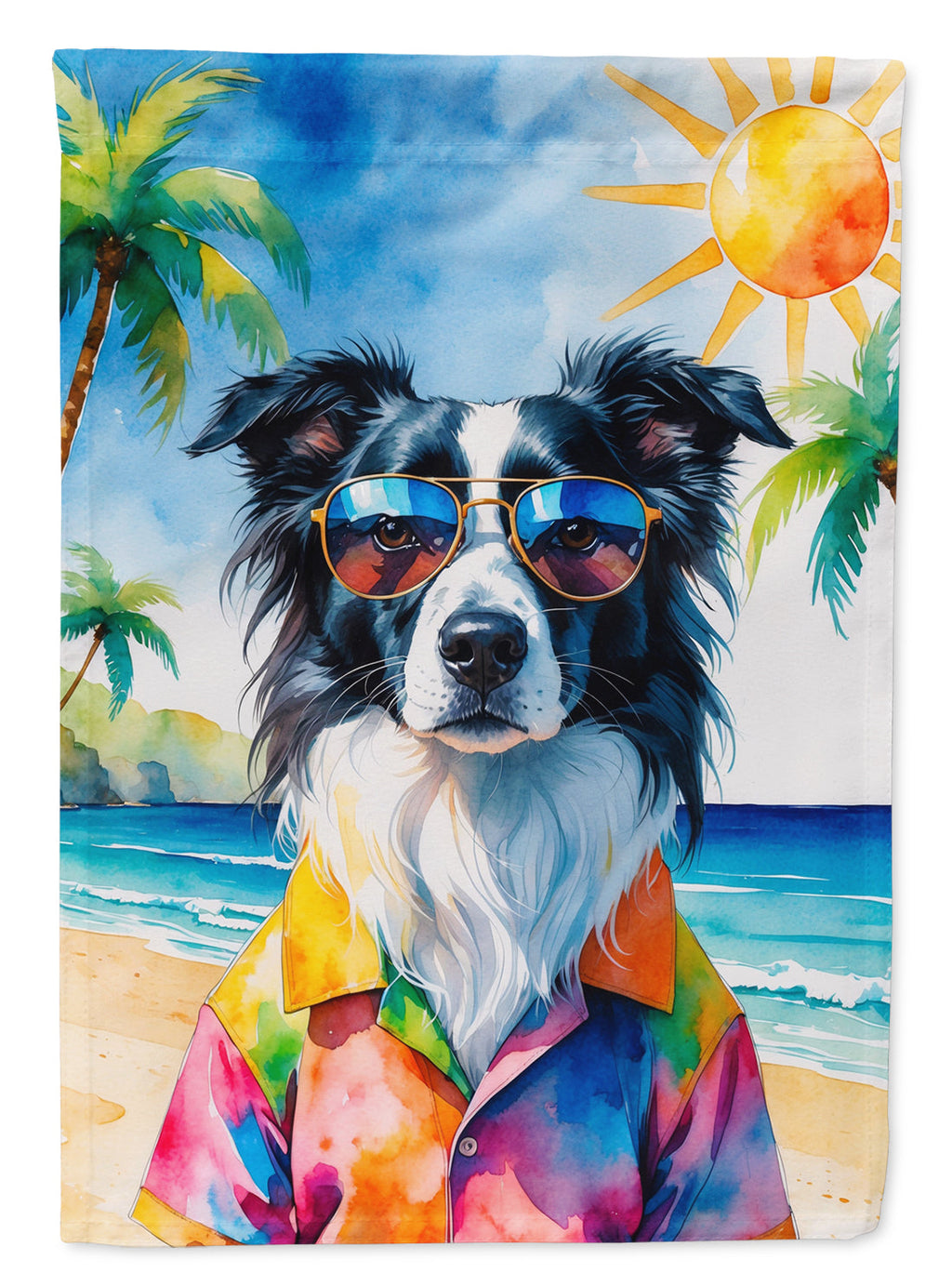 Border Collie Summer Beach Time House Flag 28x40 Porch Sleeve Pole Decorative Outside Yard Banner Artwork Wall Hanging, Polyester