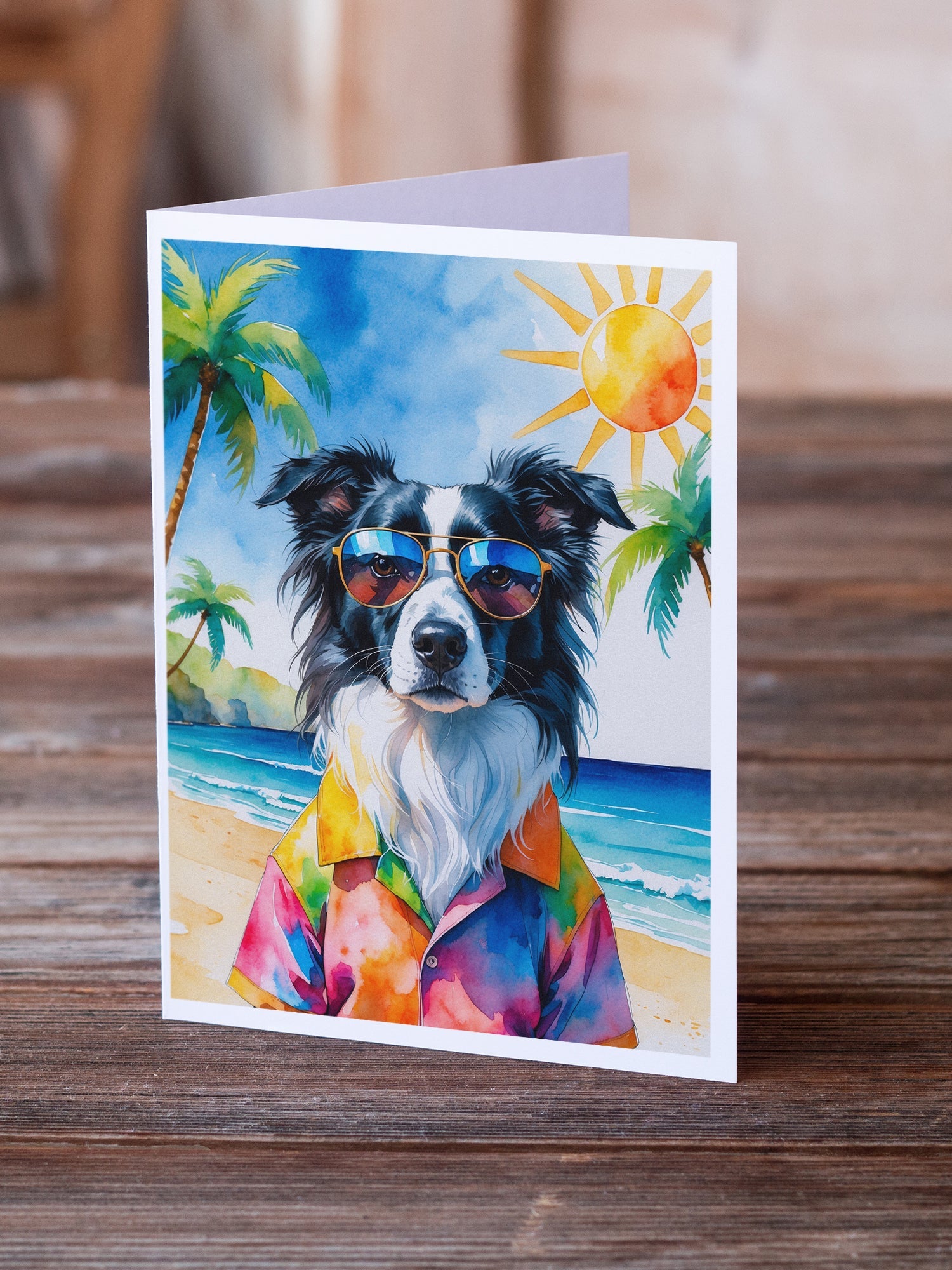 Border Collie Summer Beach Time Greeting Cards Pack of 8 Blank Cards with Envelopes Whimsical A7 Size 5x7