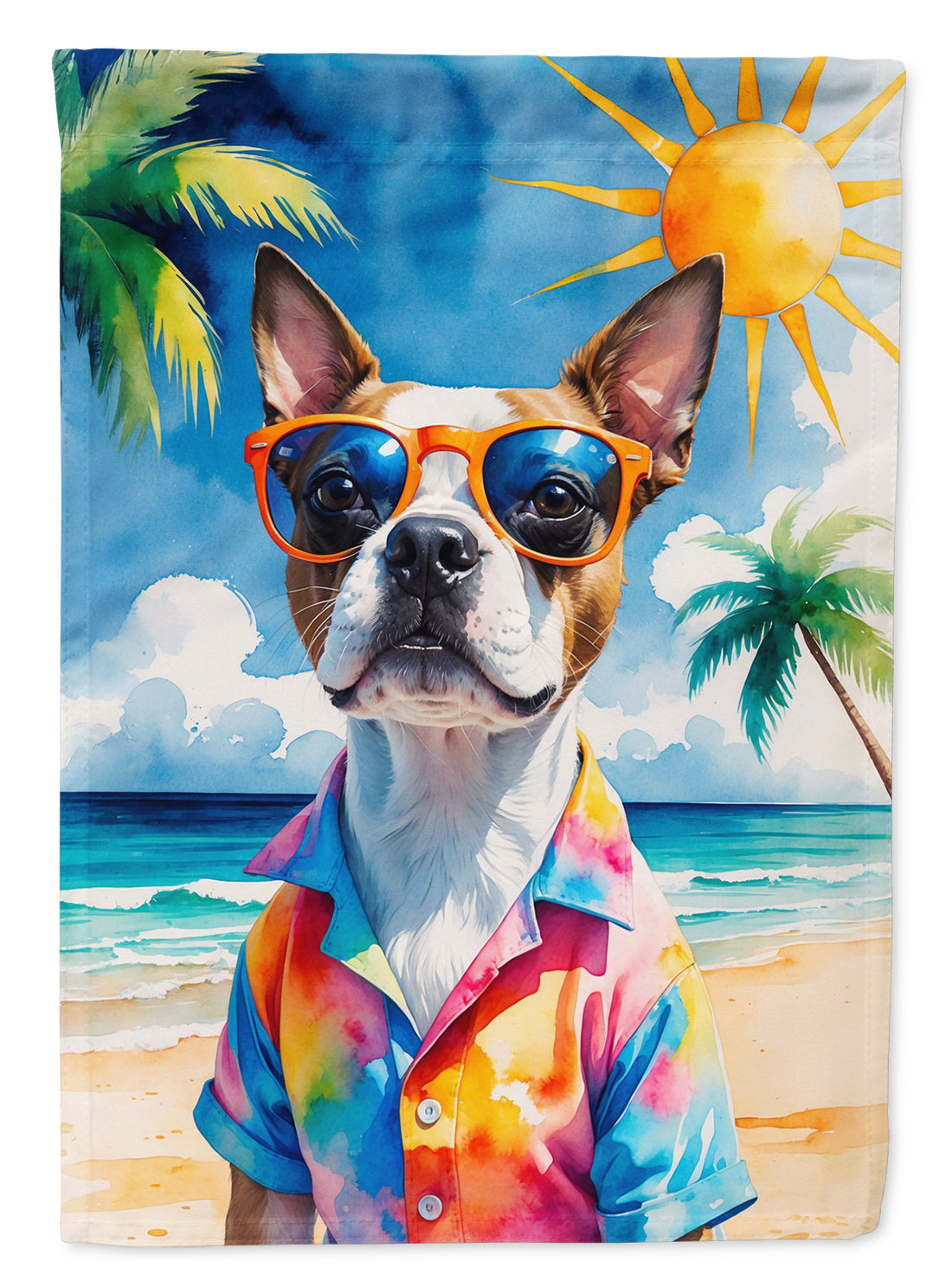 Red Boston Terrier Summer Beach Time House Flag 28x40 Porch Sleeve Pole Decorative Outside Yard Banner Artwork Wall Hanging, Polyester
