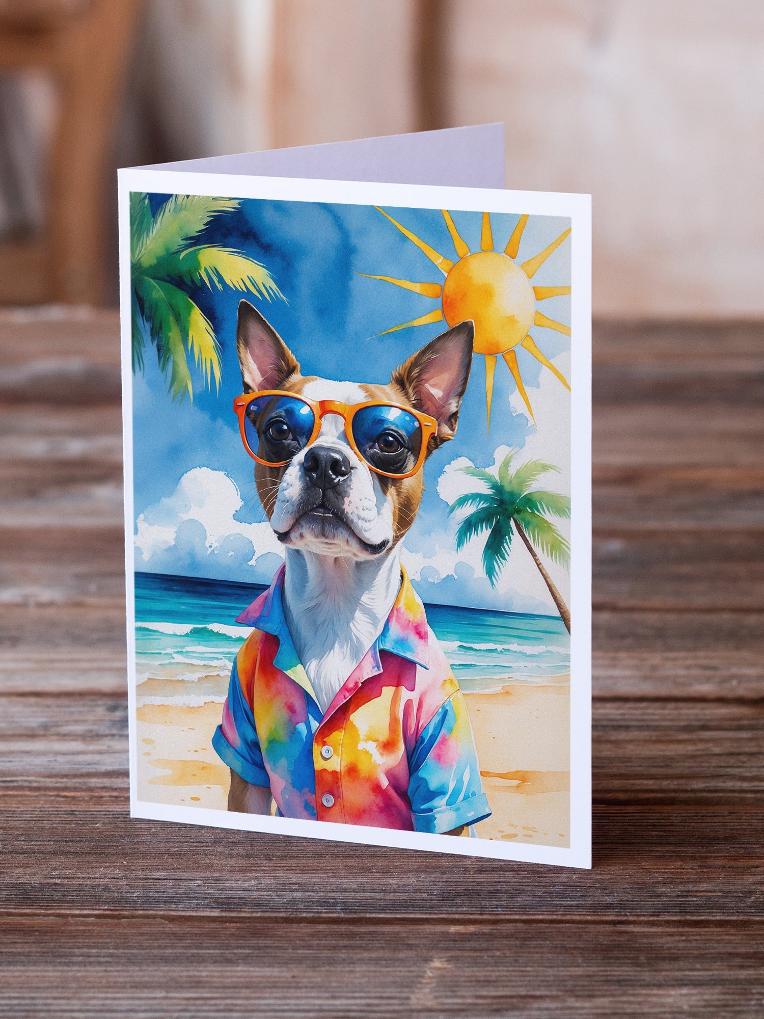 Red Boston Terrier Summer Beach Time Greeting Cards Pack of 8 Blank Cards with Envelopes Whimsical A7 Size 5x7