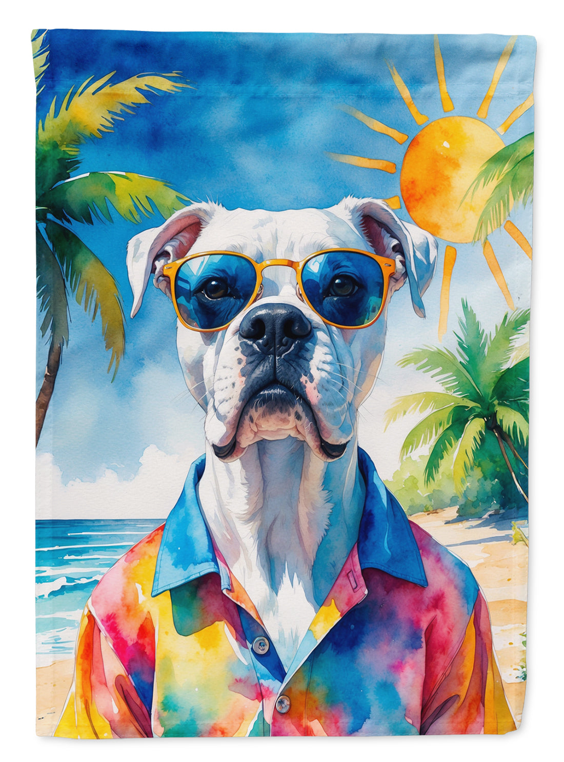 White Boxer Summer Beach Time House Flag 28x40 Porch Sleeve Pole Decorative Outside Yard Banner Artwork Wall Hanging, Polyester