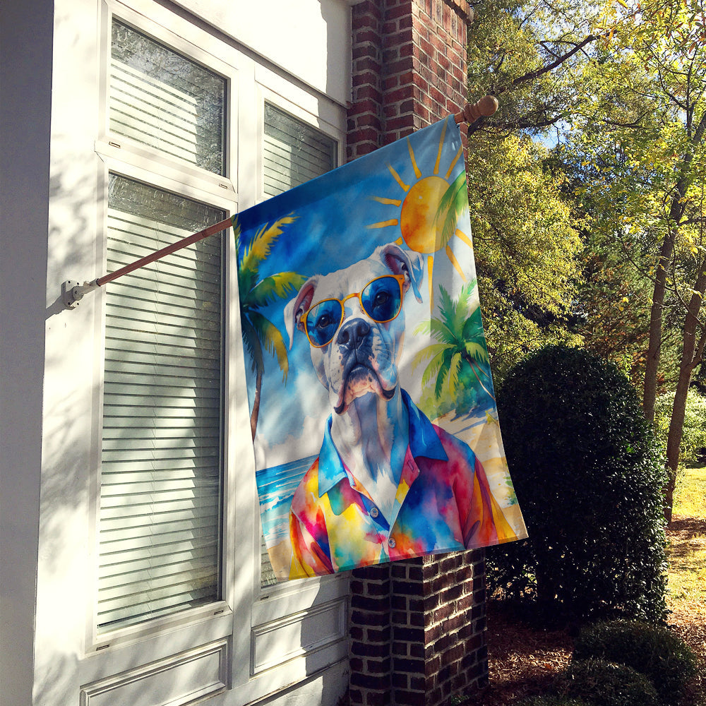 White Boxer Summer Beach Time House Flag 28x40 Porch Sleeve Pole Decorative Outside Yard Banner Artwork Wall Hanging, Polyester