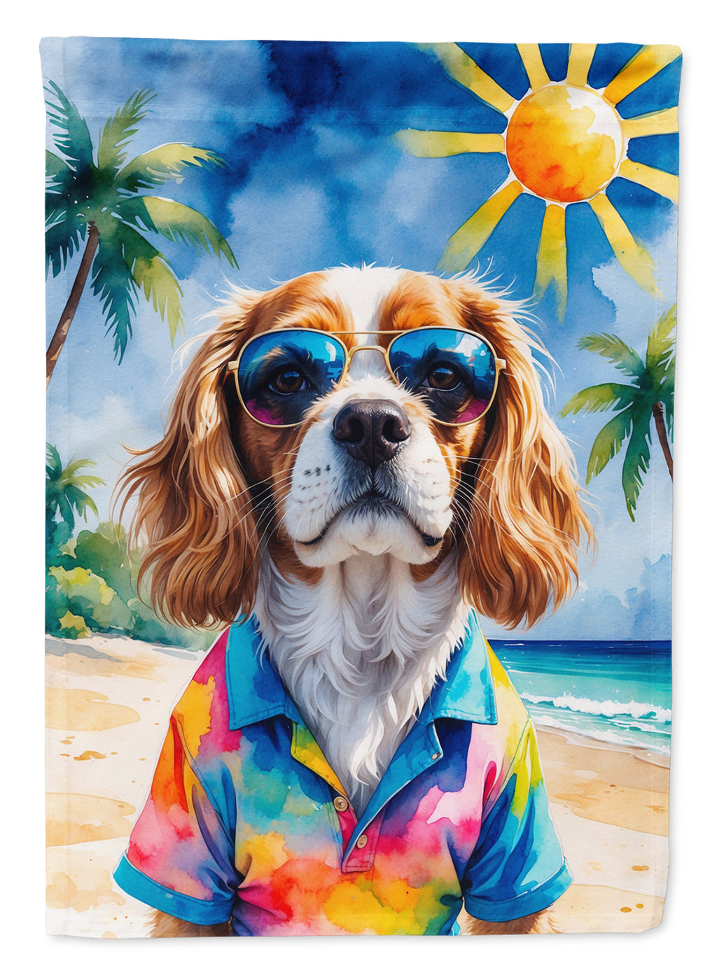 Cavalier Spaniel Summer Beach Time House Flag 28x40 Porch Sleeve Pole Decorative Outside Yard Banner Artwork Wall Hanging, Polyester