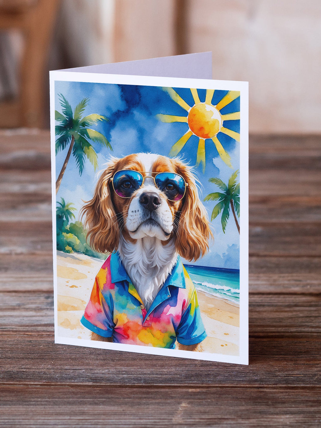 Cavalier Spaniel Summer Beach Time Greeting Cards Pack of 8 Blank Cards with Envelopes Whimsical A7 Size 5x7