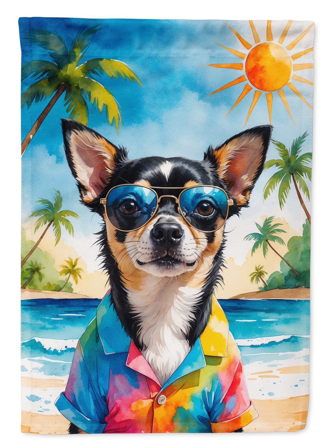 Black and Tan Chihuahua Summer Beach Time House Flag 28x40 Porch Sleeve Pole Decorative Outside Yard Banner Artwork Wall Hanging, Polyester