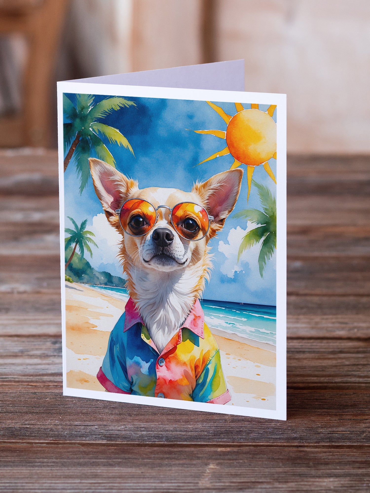 Chihuahua Summer Beach Time Greeting Cards Pack of 8 Blank Cards with Envelopes Whimsical A7 Size 5x7