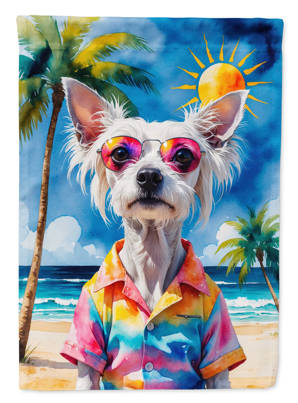 Chinese Crested Summer Beach Time House Flag 28x40 Porch Sleeve Pole Decorative Outside Yard Banner Artwork Wall Hanging, Polyester