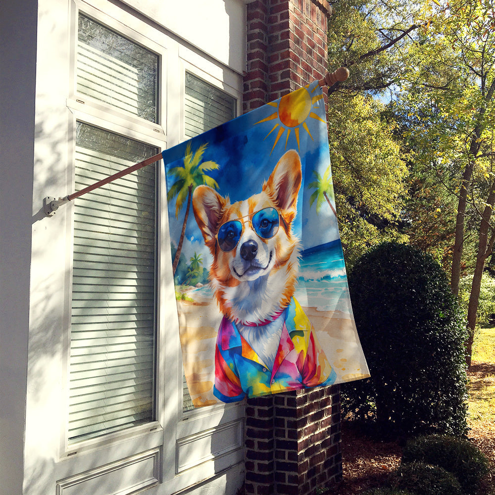 Corgi Summer Beach Time House Flag 28x40 Porch Sleeve Pole Decorative Outside Yard Banner Artwork Wall Hanging, Polyester