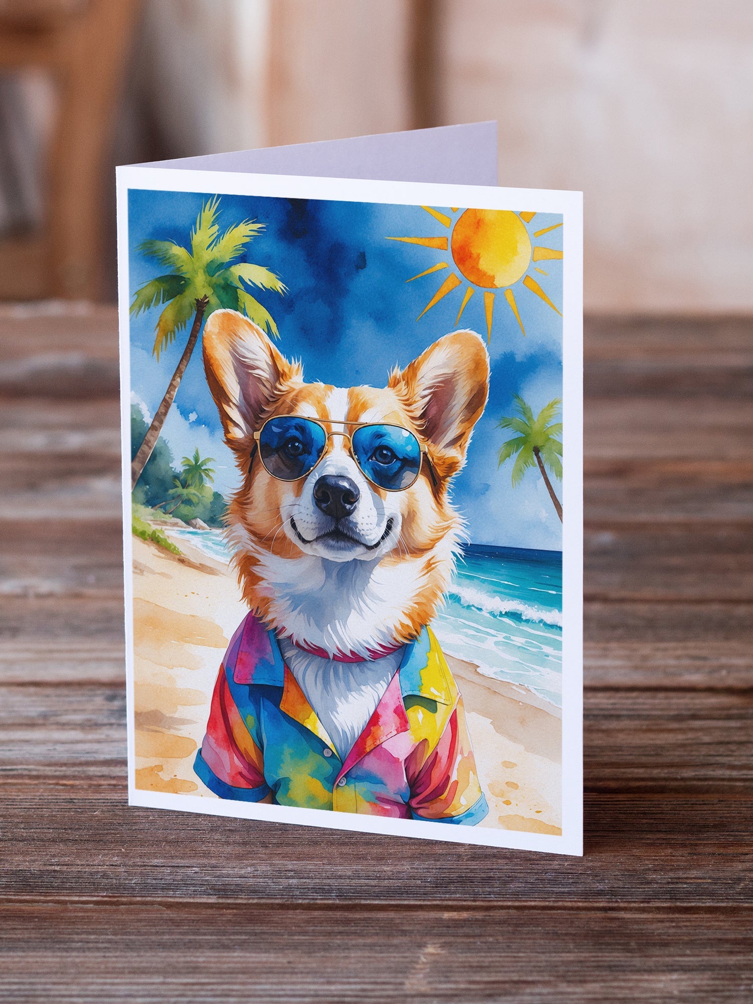 Corgi Summer Beach Time Greeting Cards Pack of 8 Blank Cards with Envelopes Whimsical A7 Size 5x7