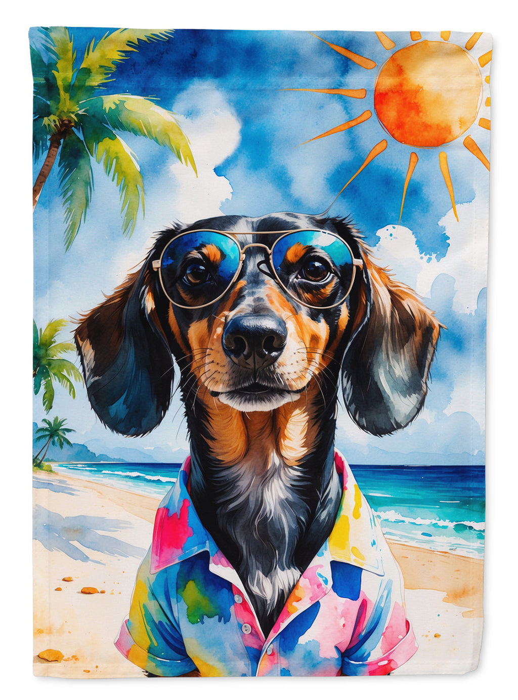 Dachshund Summer Beach Time House Flag 28x40 Porch Sleeve Pole Decorative Outside Yard Banner Artwork Wall Hanging, Polyester