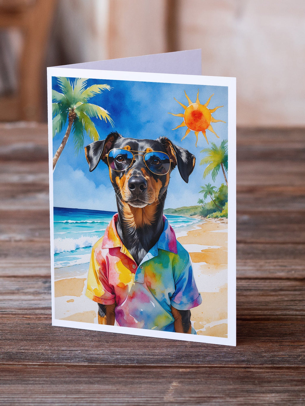 Doberman Pinscher Summer Beach Time Greeting Cards Pack of 8 Blank Cards with Envelopes Whimsical A7 Size 5x7
