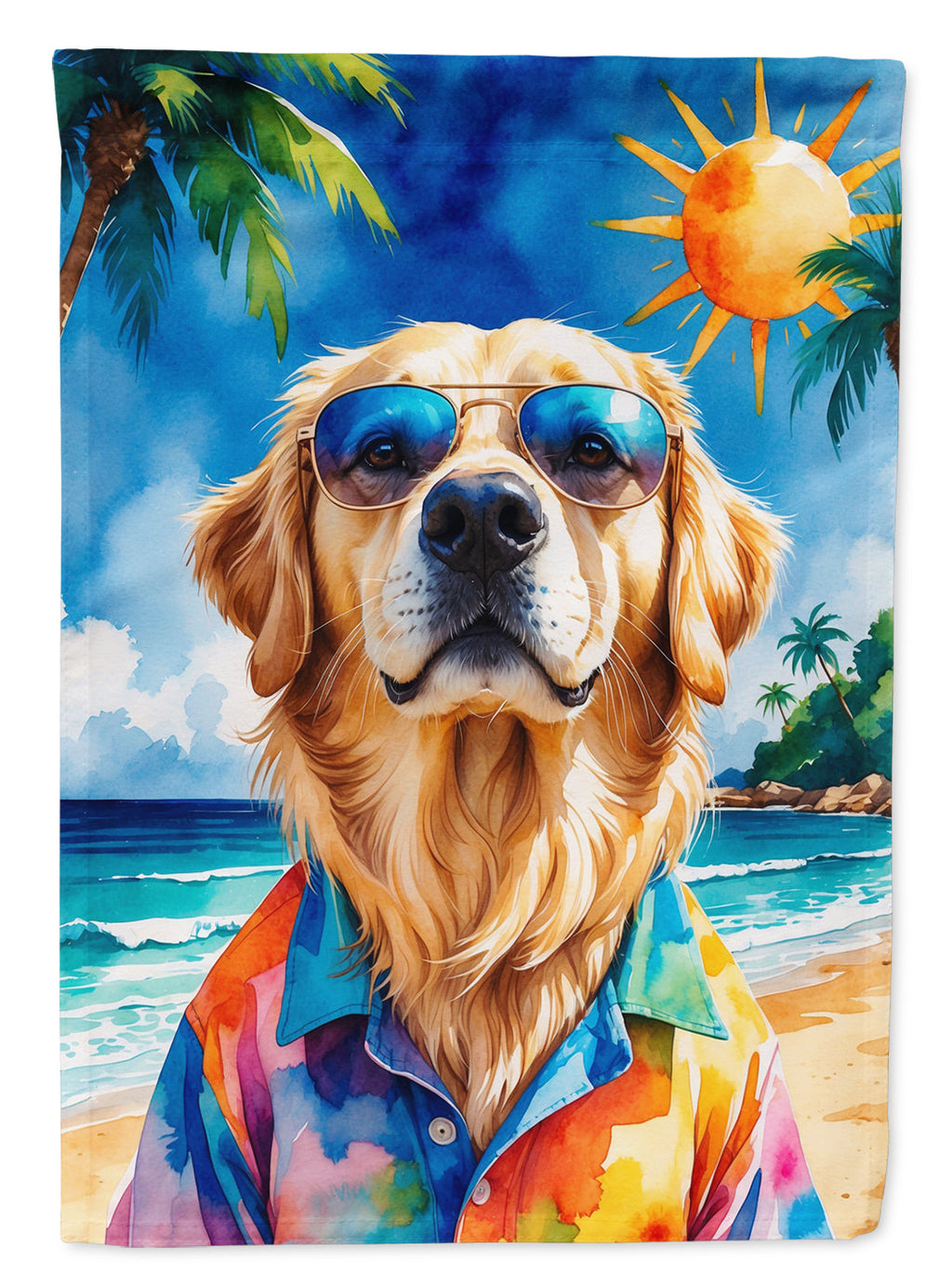 Golden Retriever Summer Beach Time House Flag 28x40 Porch Sleeve Pole Decorative Outside Yard Banner Artwork Wall Hanging, Polyester